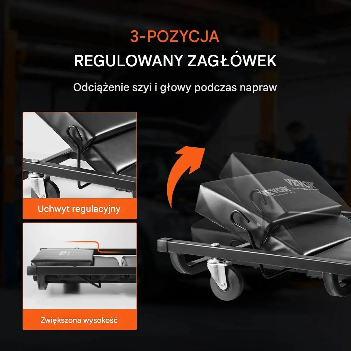 Leżanka warsztatowa 1016mm stalowa niska na kółkach regulowany zagłowek - obrazek 3