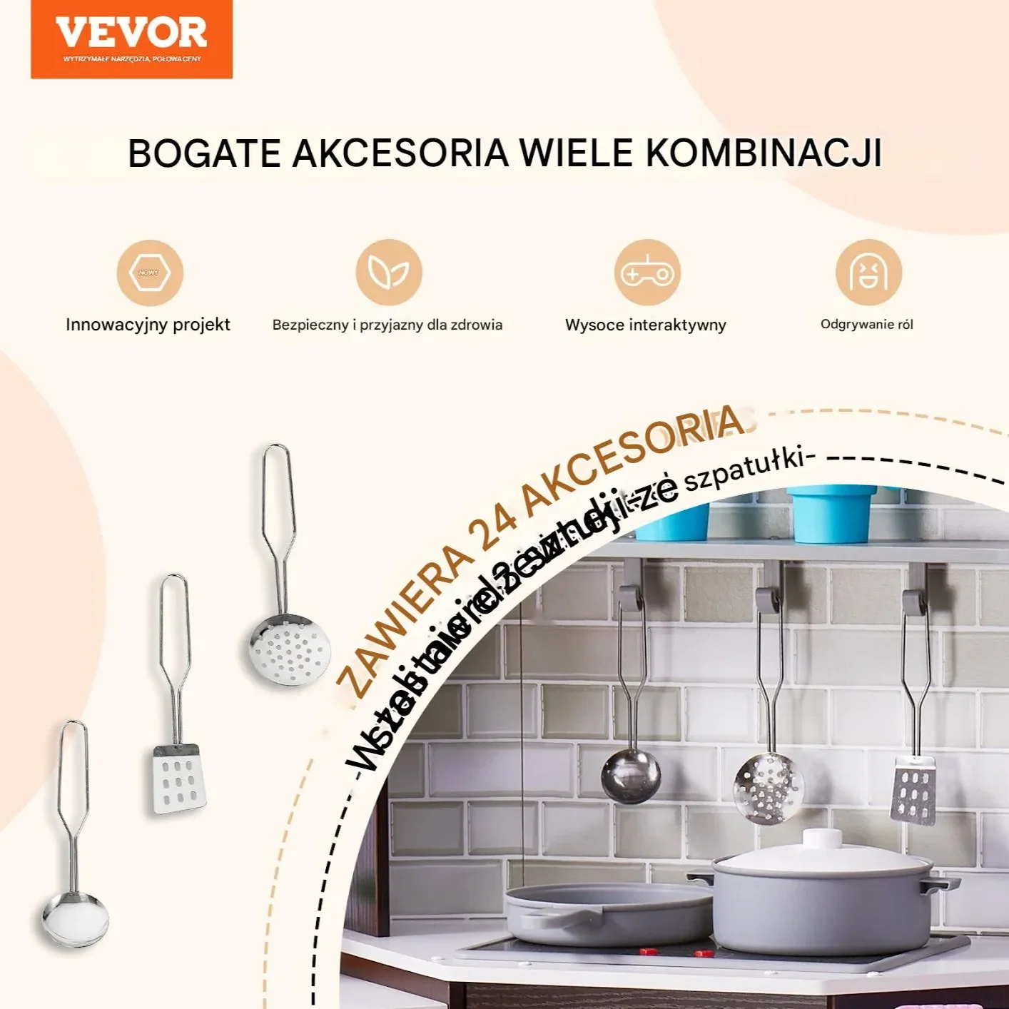 Zestaw kuchenny dla dzieci 24 akcesoria brązowy drewniany z blatem - obrazek 3