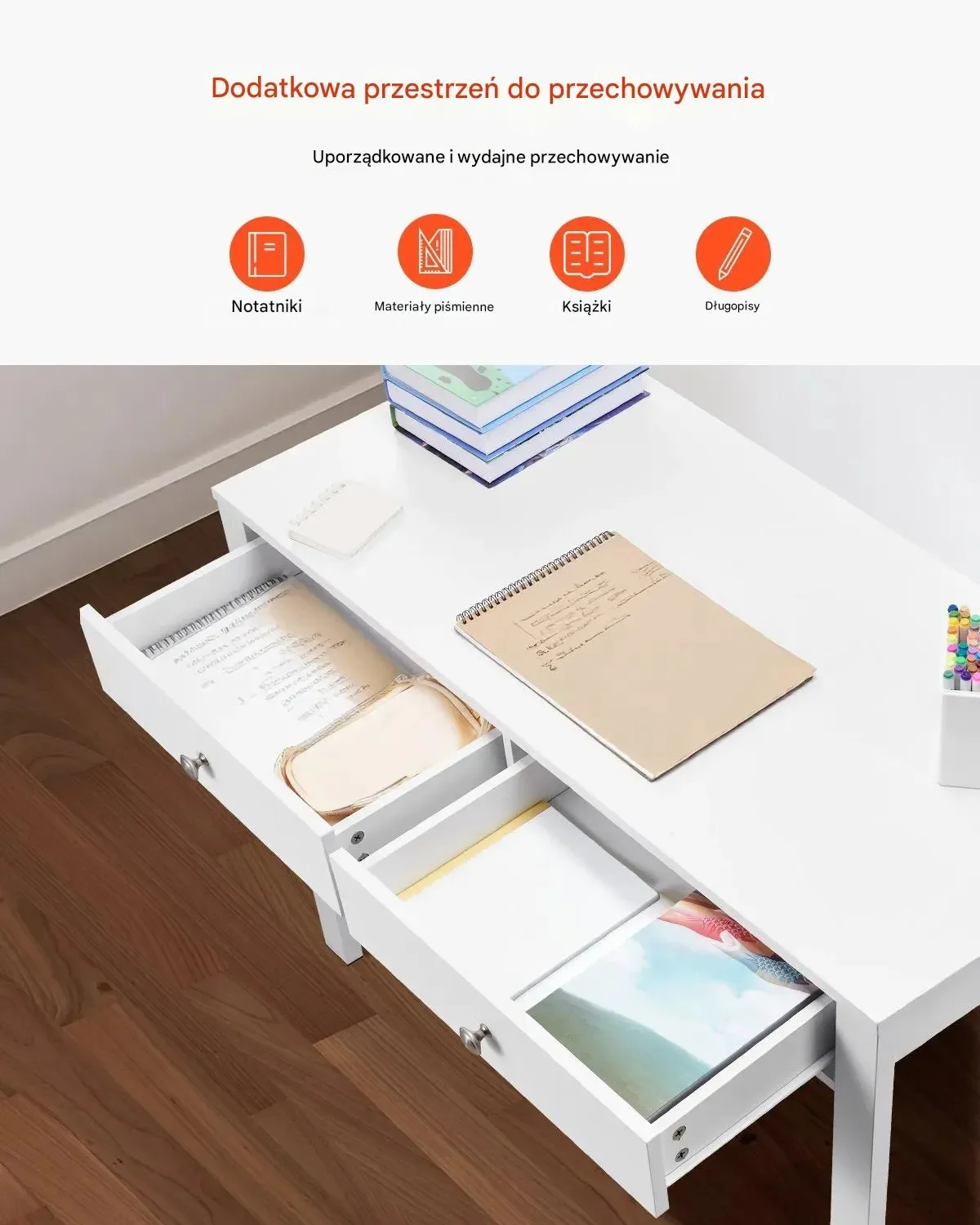 Biurko dziecięce z szufladami 90x50 cm proste do pokoju białe - obrazek 4
