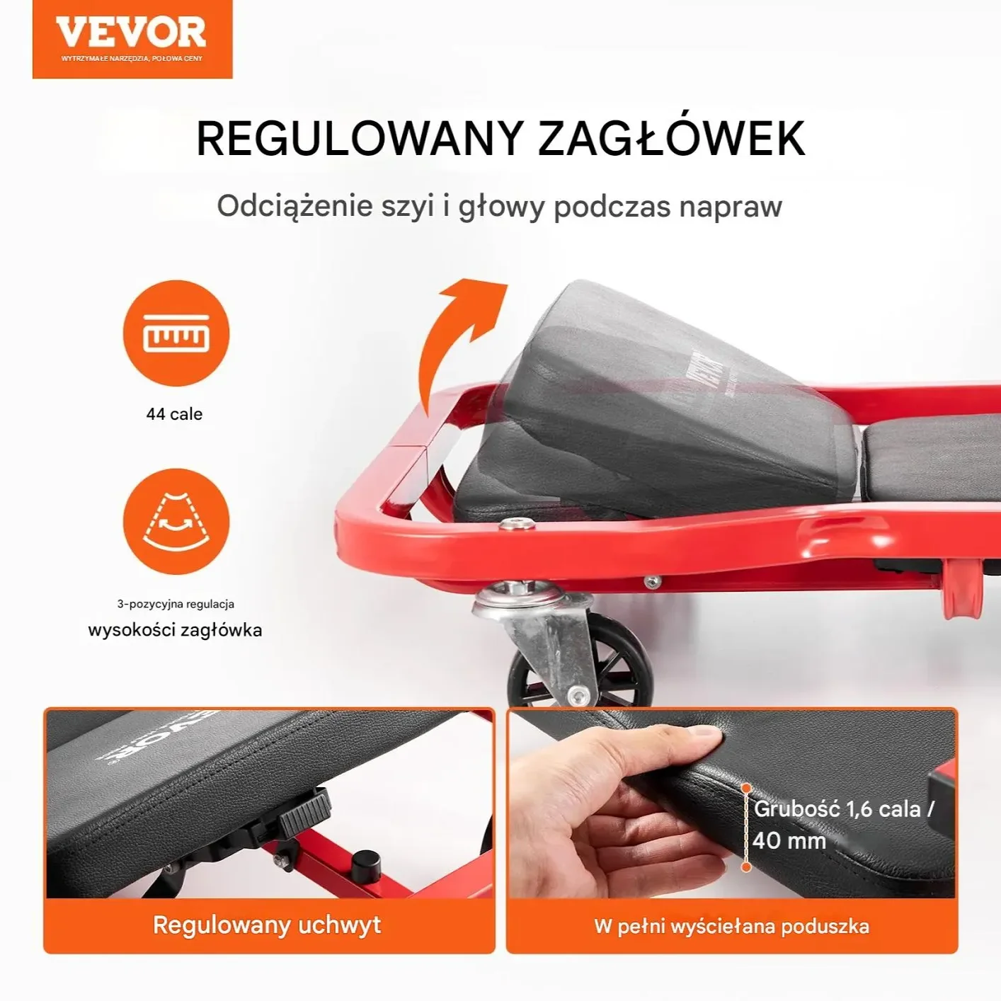 Leżanka warsztatowa 1118mm stalowa regulowany zagłowek tacka na narzędzia - obrazek 2