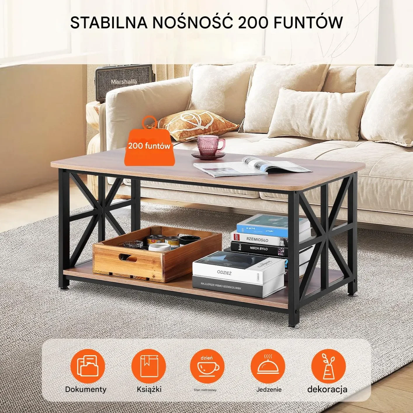 Stolik Kawowy Drewniany Nowoczesny Otwarta Półka 1000 x 500 x 465 mm - obrazek 5