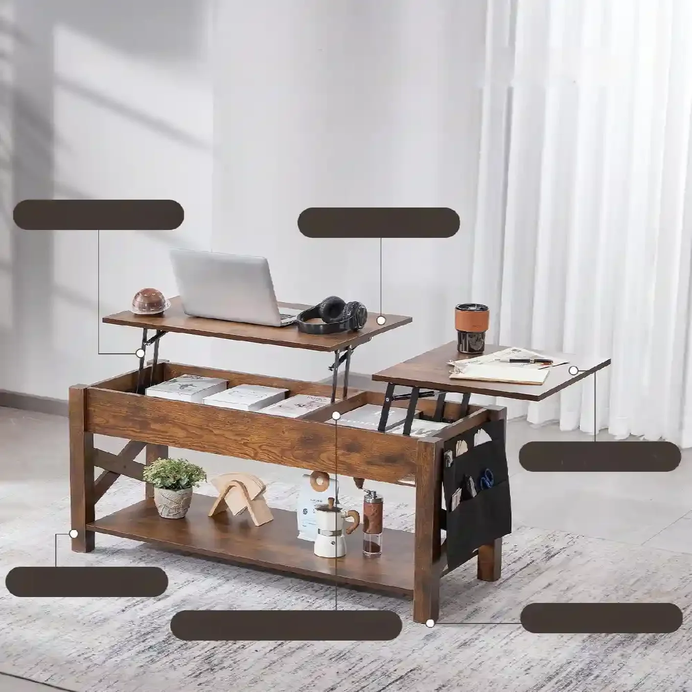 Rozkładana ława stolik kawowy z podnoszonym blatem schowkiem 120 cm - obrazek 5