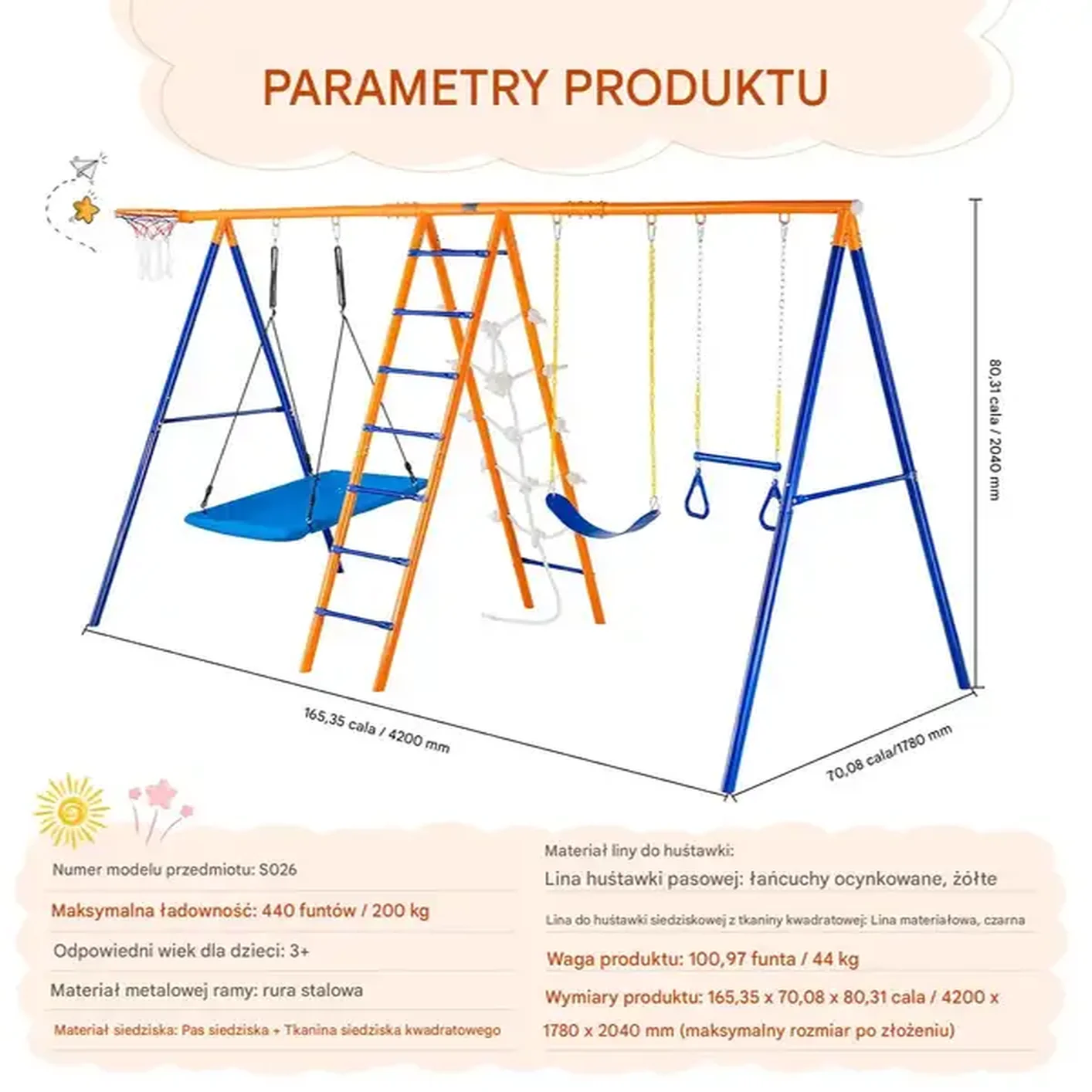 HUŚTAWKA potrójna OGRODOWA metalowa Stelaż dla dzieci BOCIANIE GNIAZDO - obrazek 2