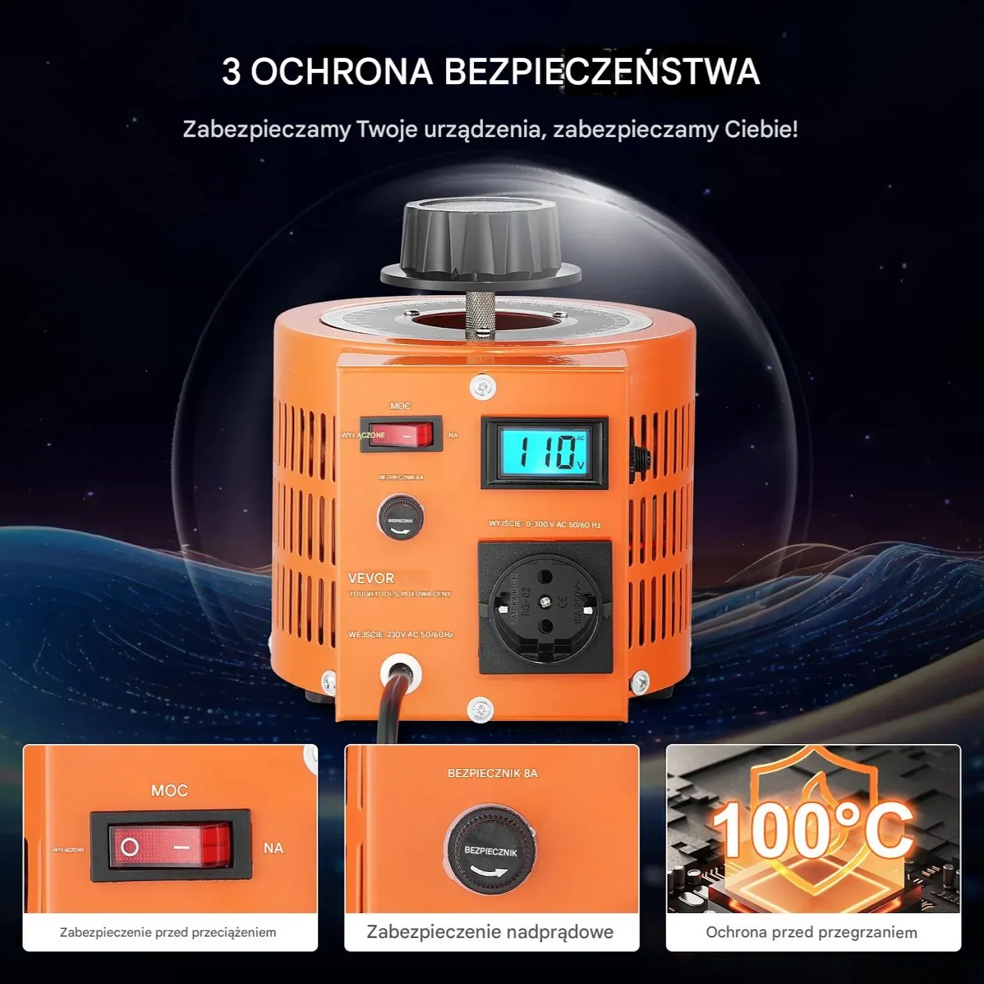 Regulator napięcia 2000VA 0-300V 6,6A z wyświetlaczem LCD CE - obrazek 3