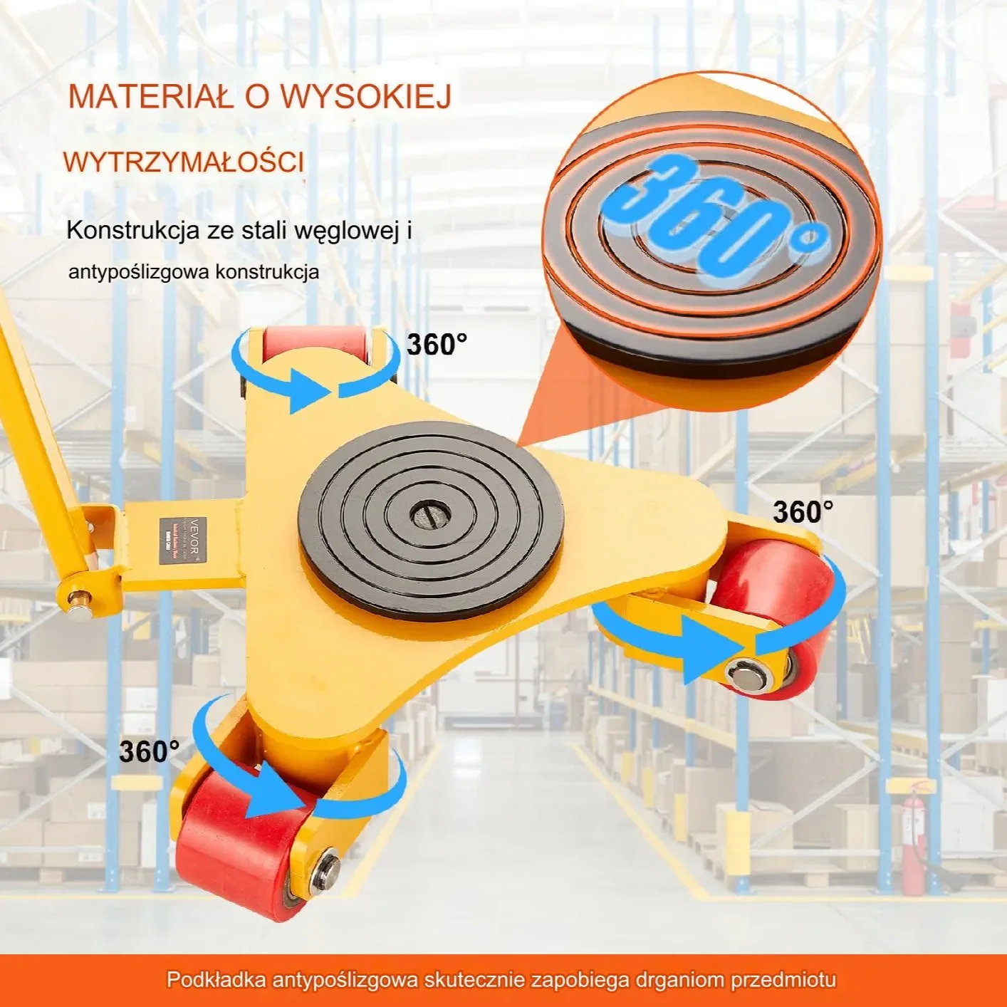 Wózek do maszyn rolka podnośnik 3T 360° – 3 koła PU do warsztatu - obrazek 5