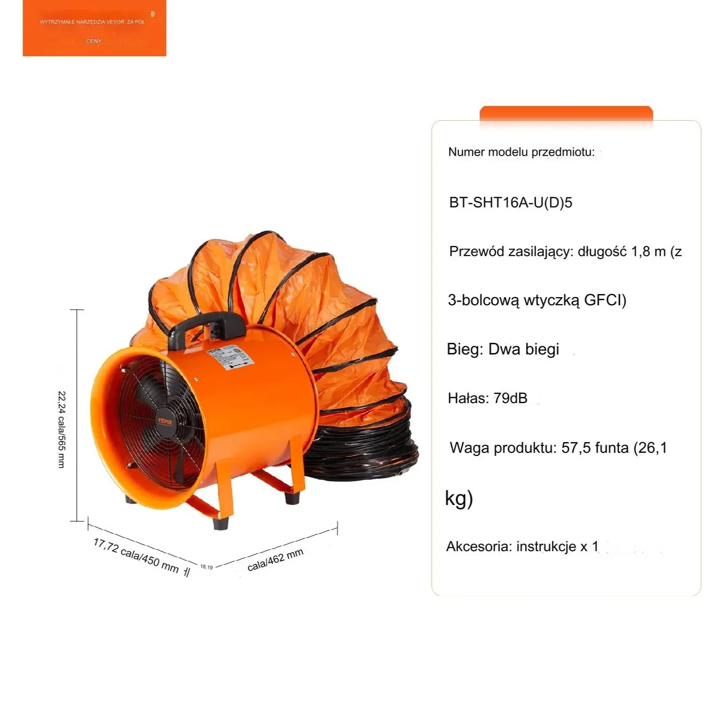 Przenośny Przemysłowy Wentylator Wyciągowy 406 mm Wąż 5 m - obrazek 2