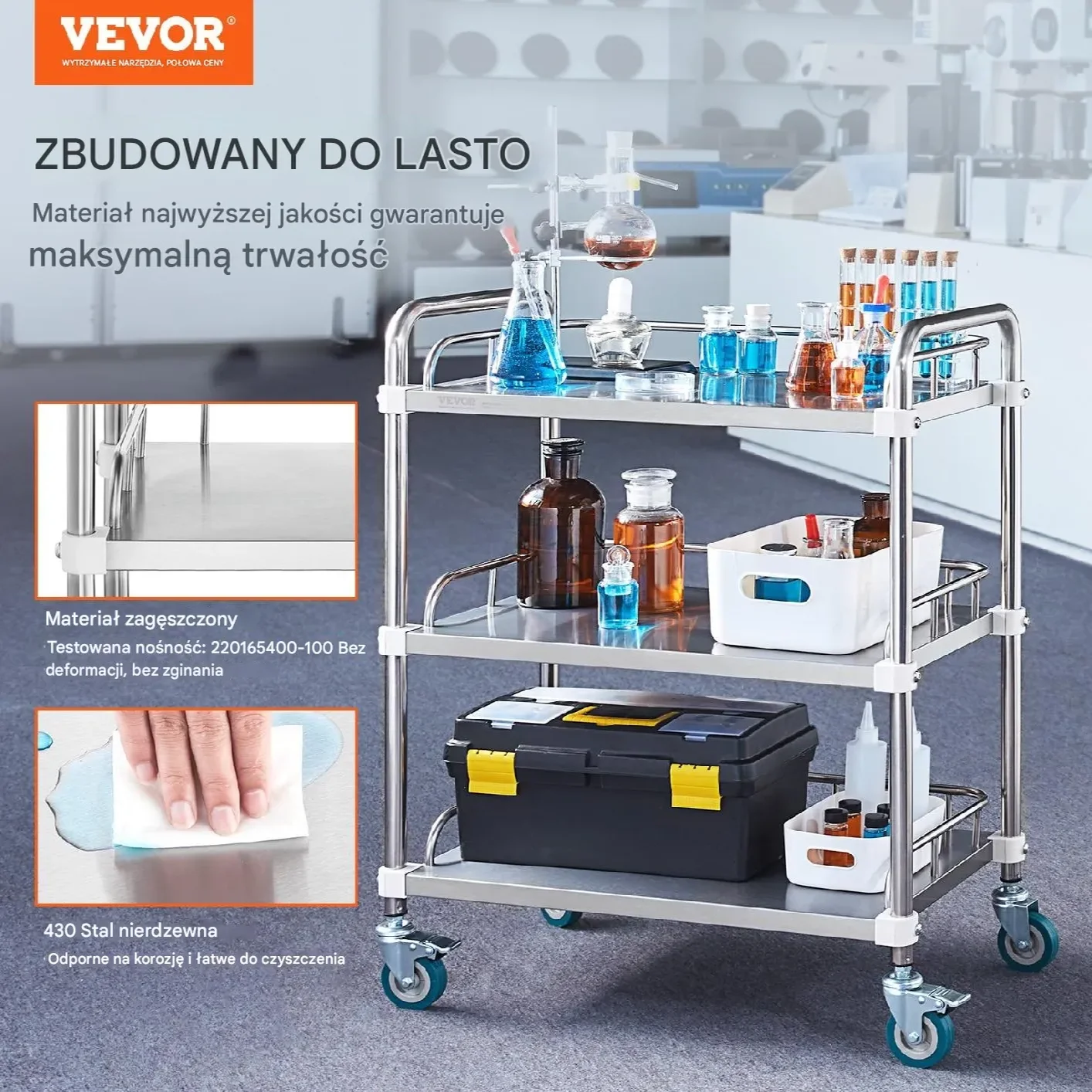 Wózek laboratoryjny 3 półki stal nierdzewna na kółkach 70x39,5x86,7 cm - obrazek 6