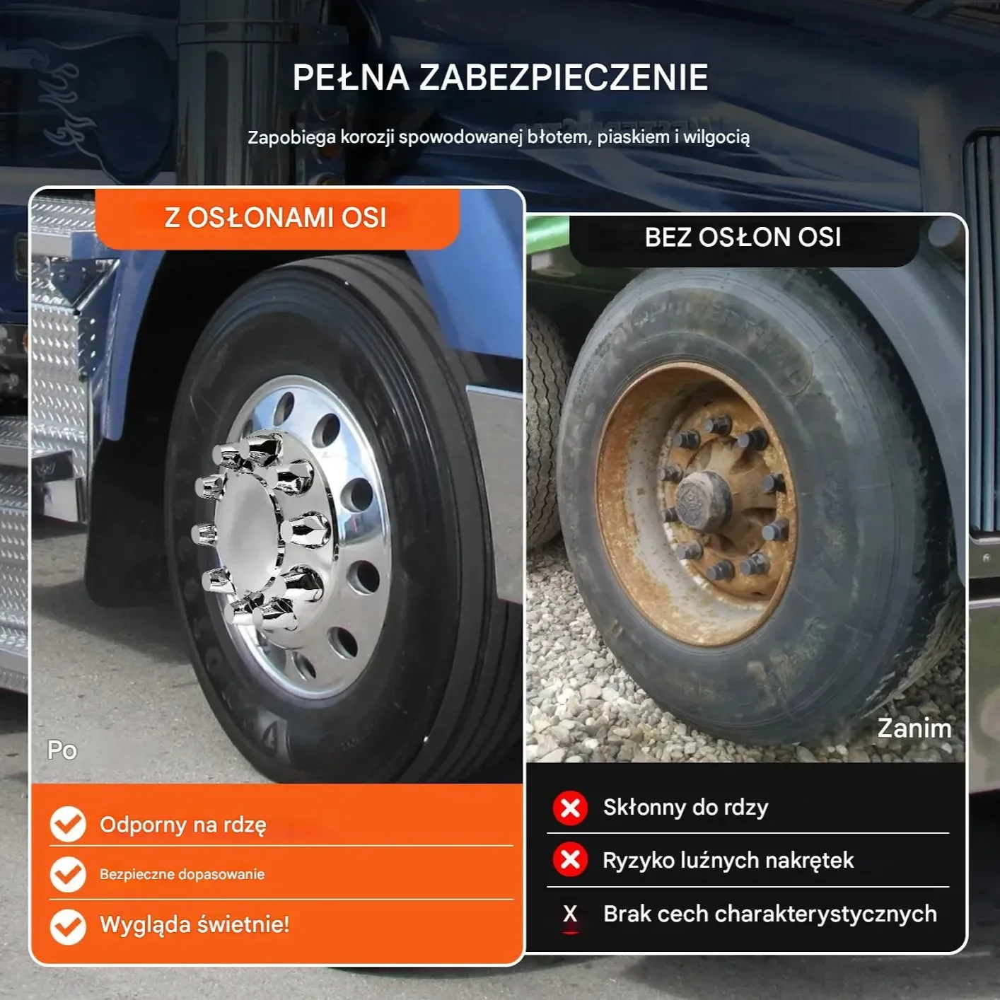 Nakładki na oś ciężarówki kopułkowe 2szt. ABS chromowane klucz montazowy - obrazek 6