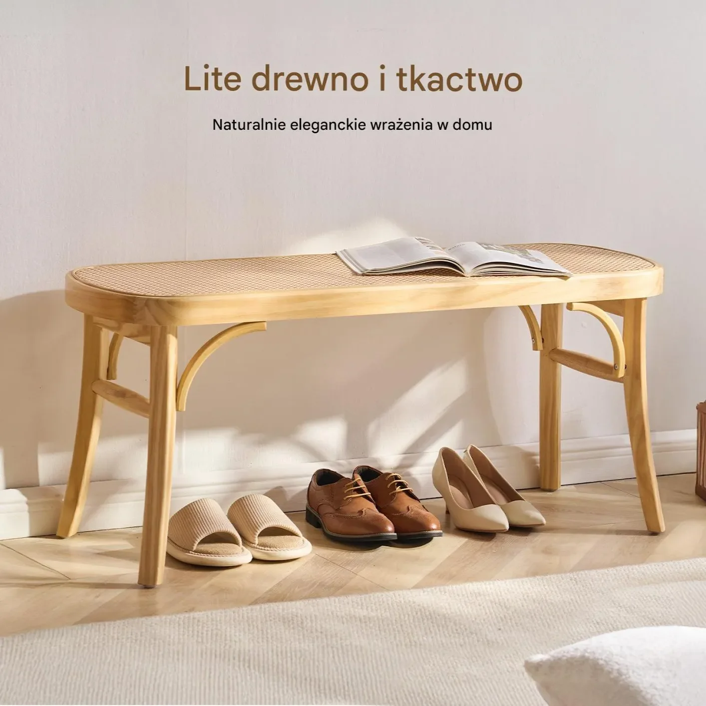 Ławka rattan pleciona 110 cm drewniana - do przedpokoju salonu i sypialni - obrazek 3