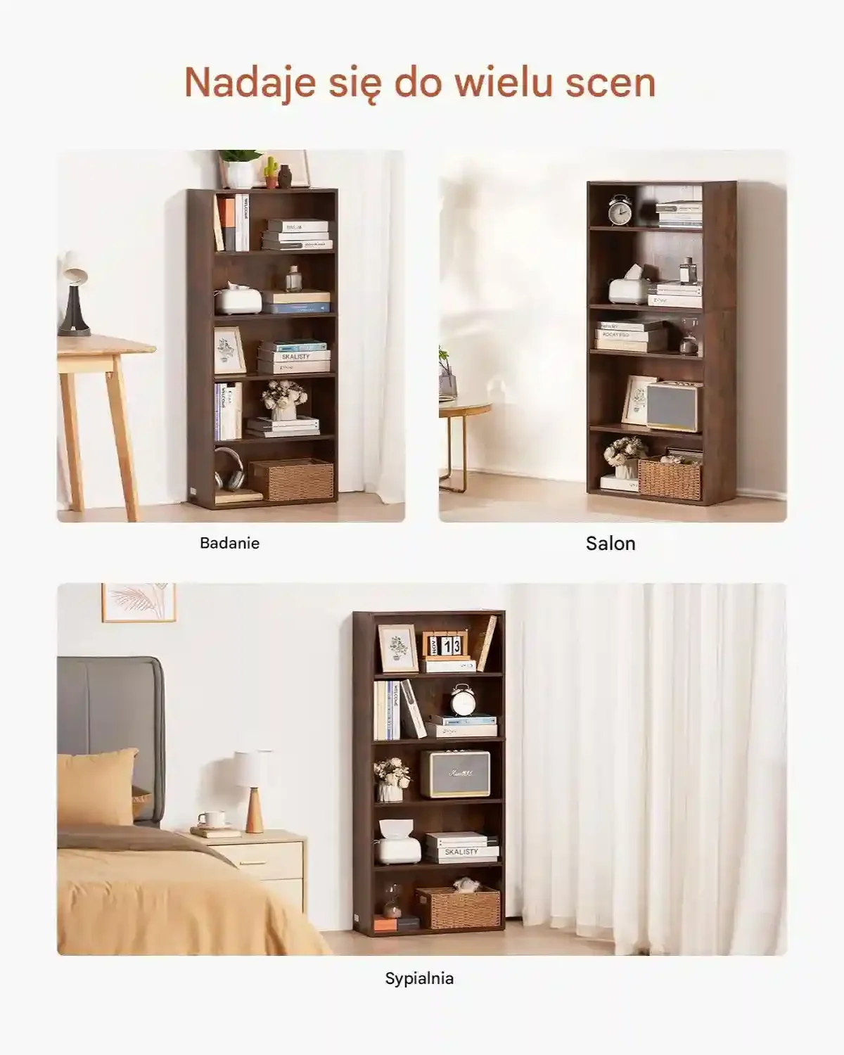 Regał wąski 5-poziomowy 135cm drewniany brązowy z regulowaną półką do biura - obrazek 5