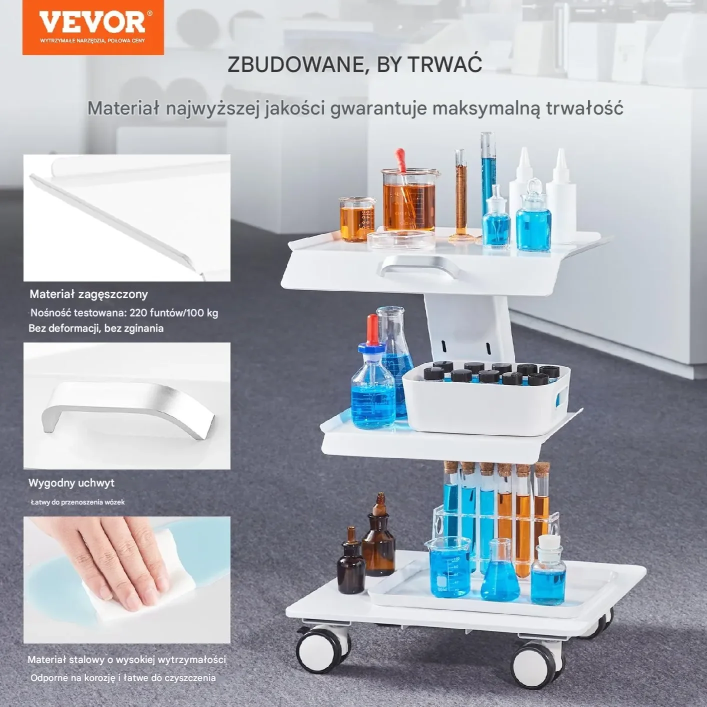 Stolik Laboratoryjny Medyczny Kosmetyczny Metal 3 Półki Kółka - obrazek 6