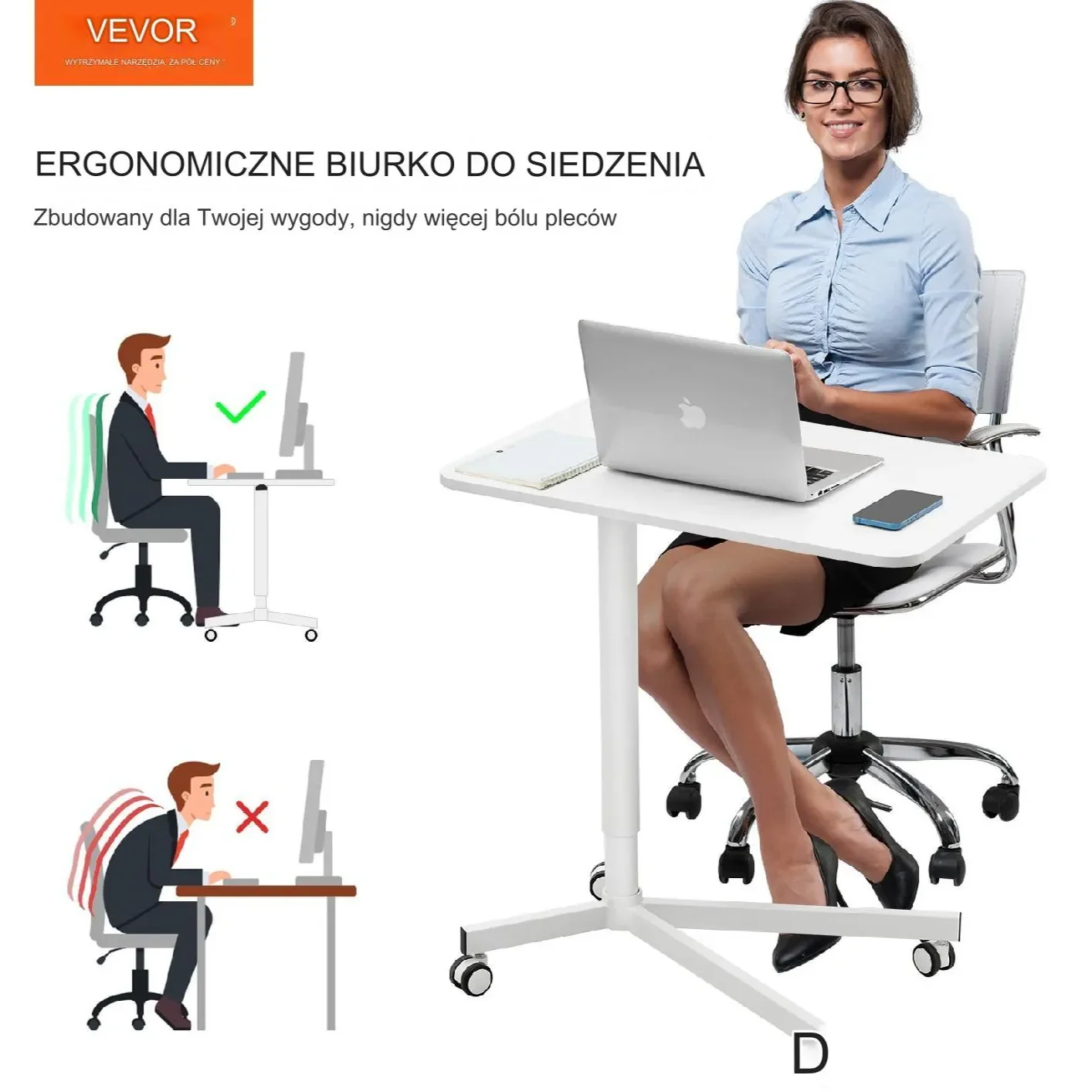 Biurko mobilne regulowane składane stolik pod laptopa kółka 74x48 cm - obrazek 6