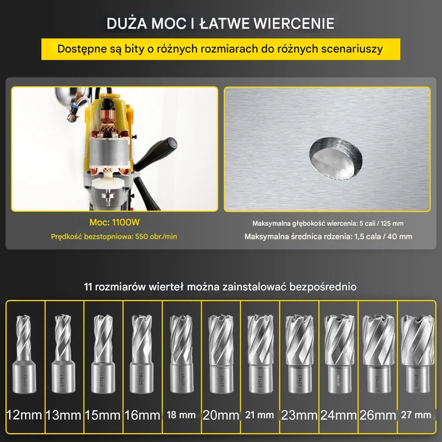 Wiertarka magnetyczna 1100W + zestaw 11 wierteł magnetycznych 1100W - obrazek 3