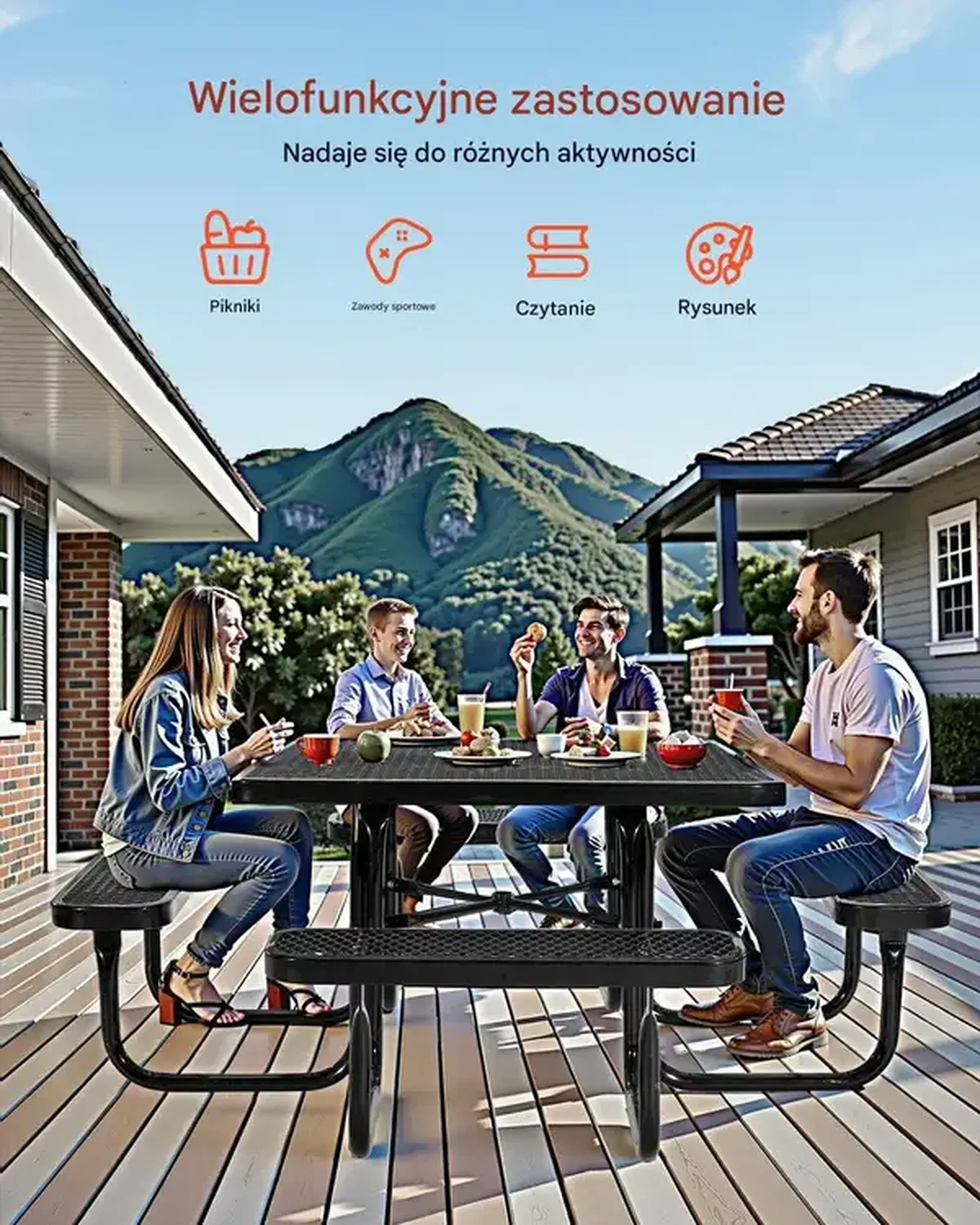 Stół piknikowy ogrodowy 116 cm - odporny na warunki z otworem na parasol - obrazek 4