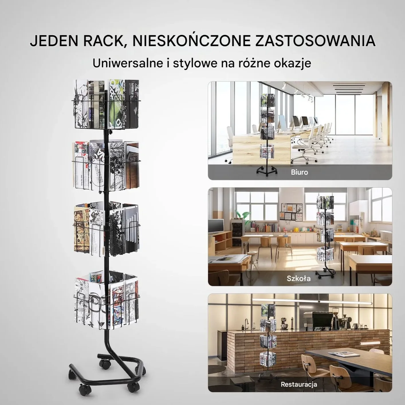 Stojak obrotowy na ulotki pocztówki 4 poziomy 32 kieszenie z kółkami - obrazek 4