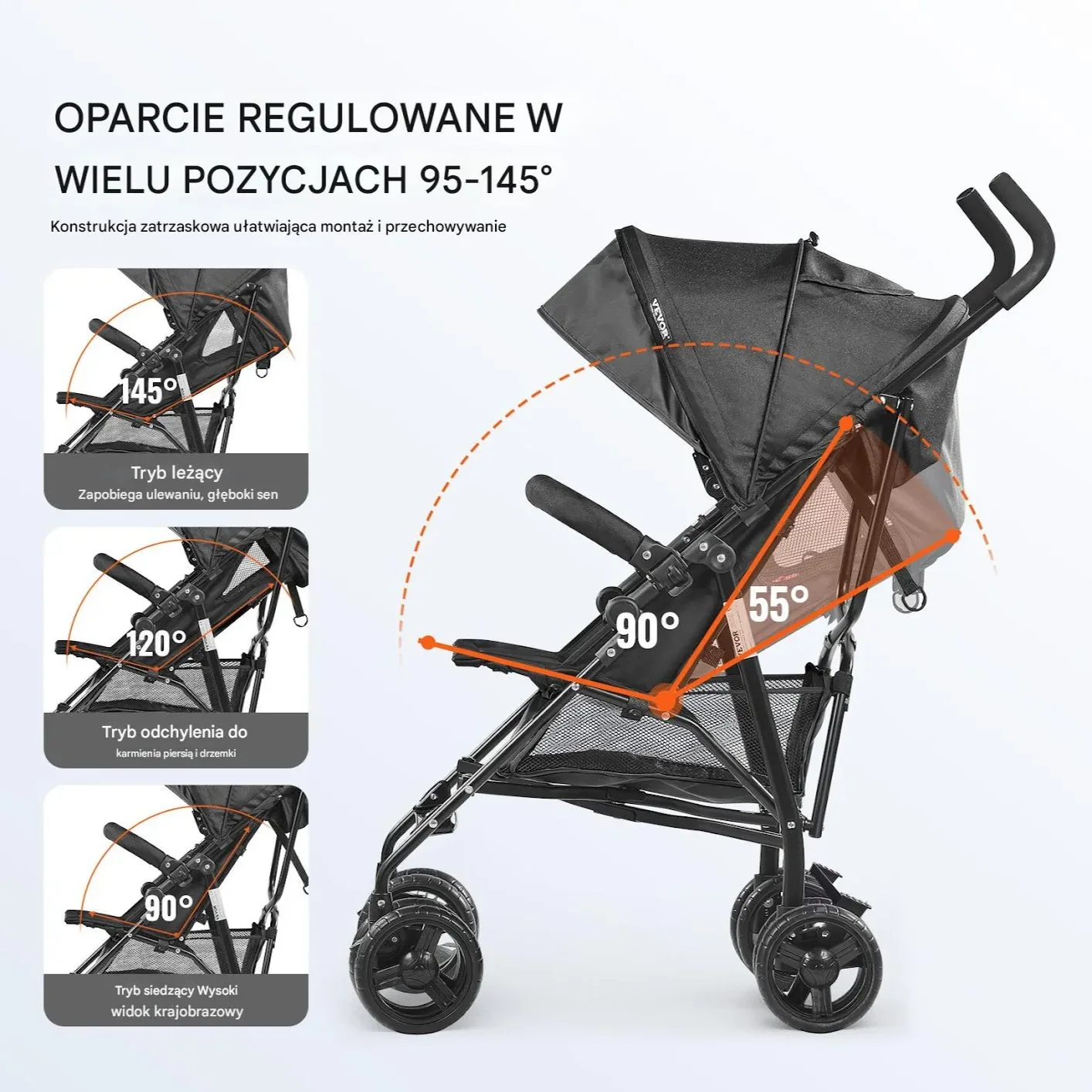 Ultralekki Czarny Składany Wózek Spacerowy – Kompaktowy i Bezpieczny - obrazek 2