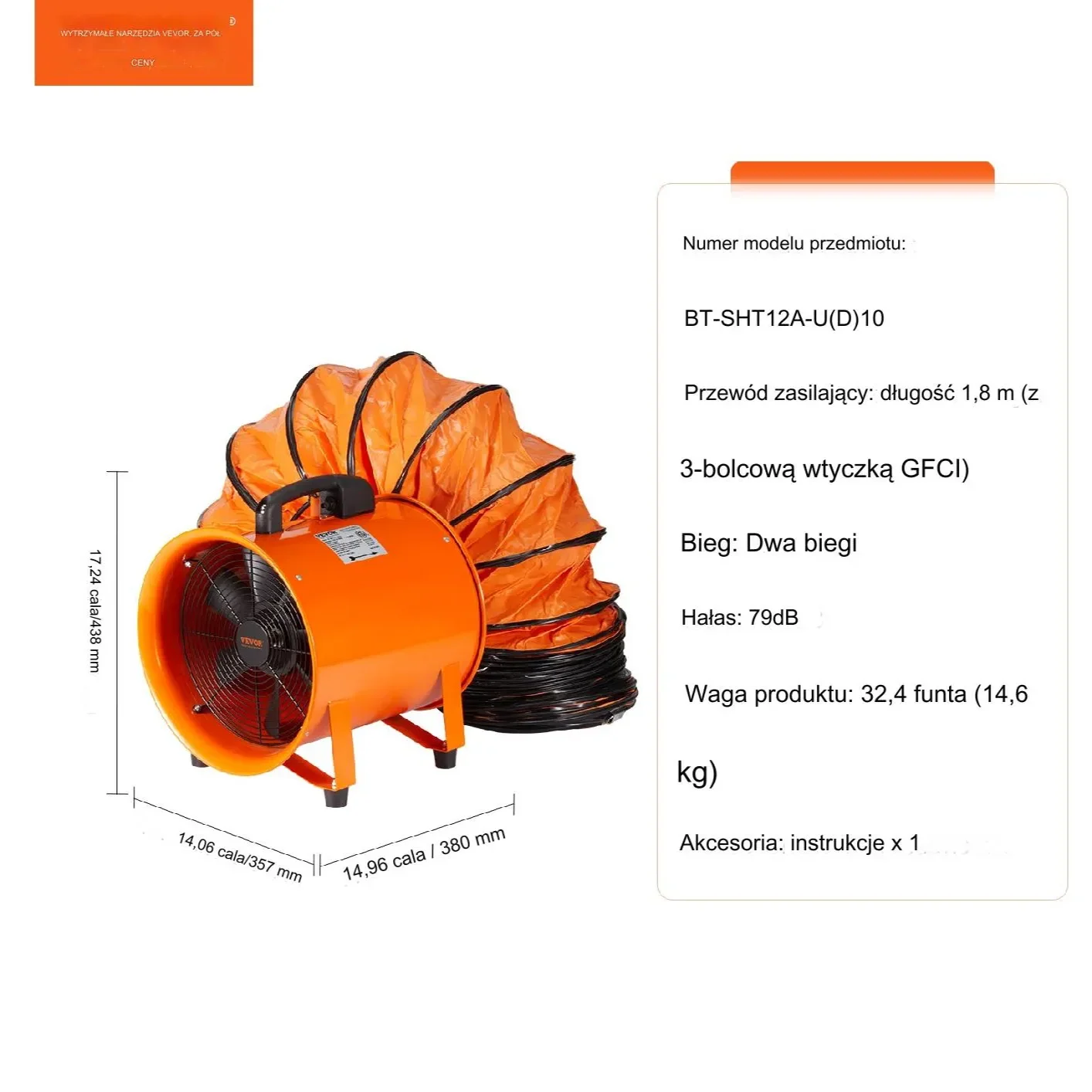 Przenośny Przemysłowy Wentylator Wyciągowy 304 mm Wąż 10 m - obrazek 2