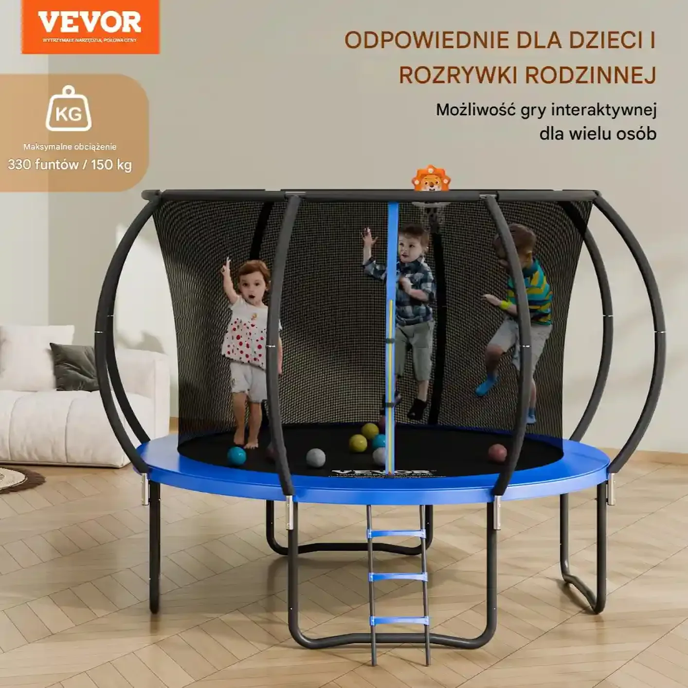 Trampolina ogrodowa 376 cm – siatka, drabinka, dla dzieci, solidna konstrukcja - obrazek 6