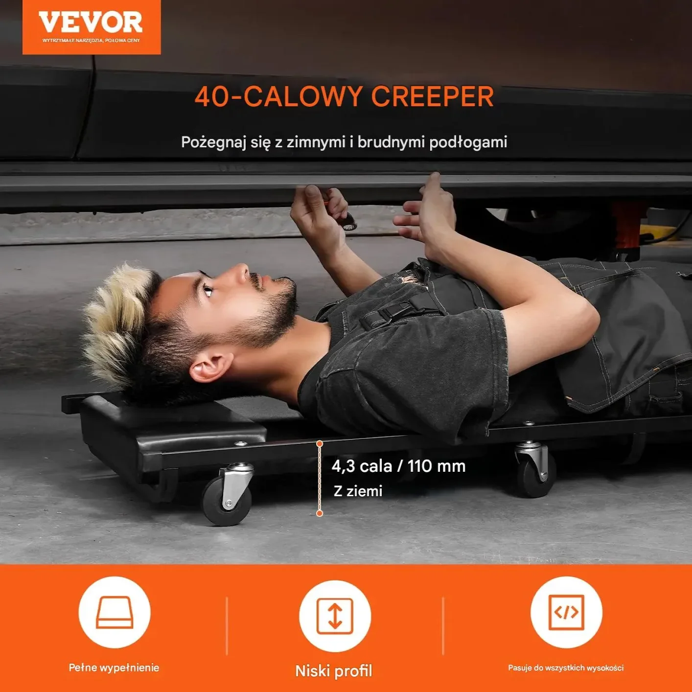 Leżanka warsztatowa 1016mm stalowa niska na kółkach regulowany zagłowek - obrazek 2