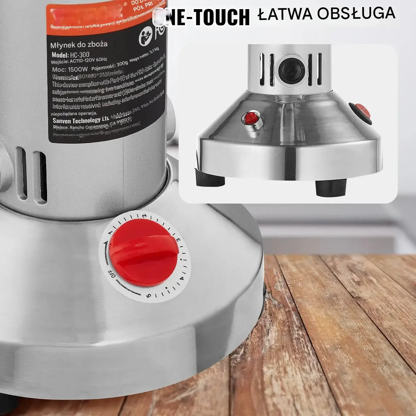 Młynek zbożowy elektryczny 1500W stal nierdzewna przyprawy mąka - obrazek 4