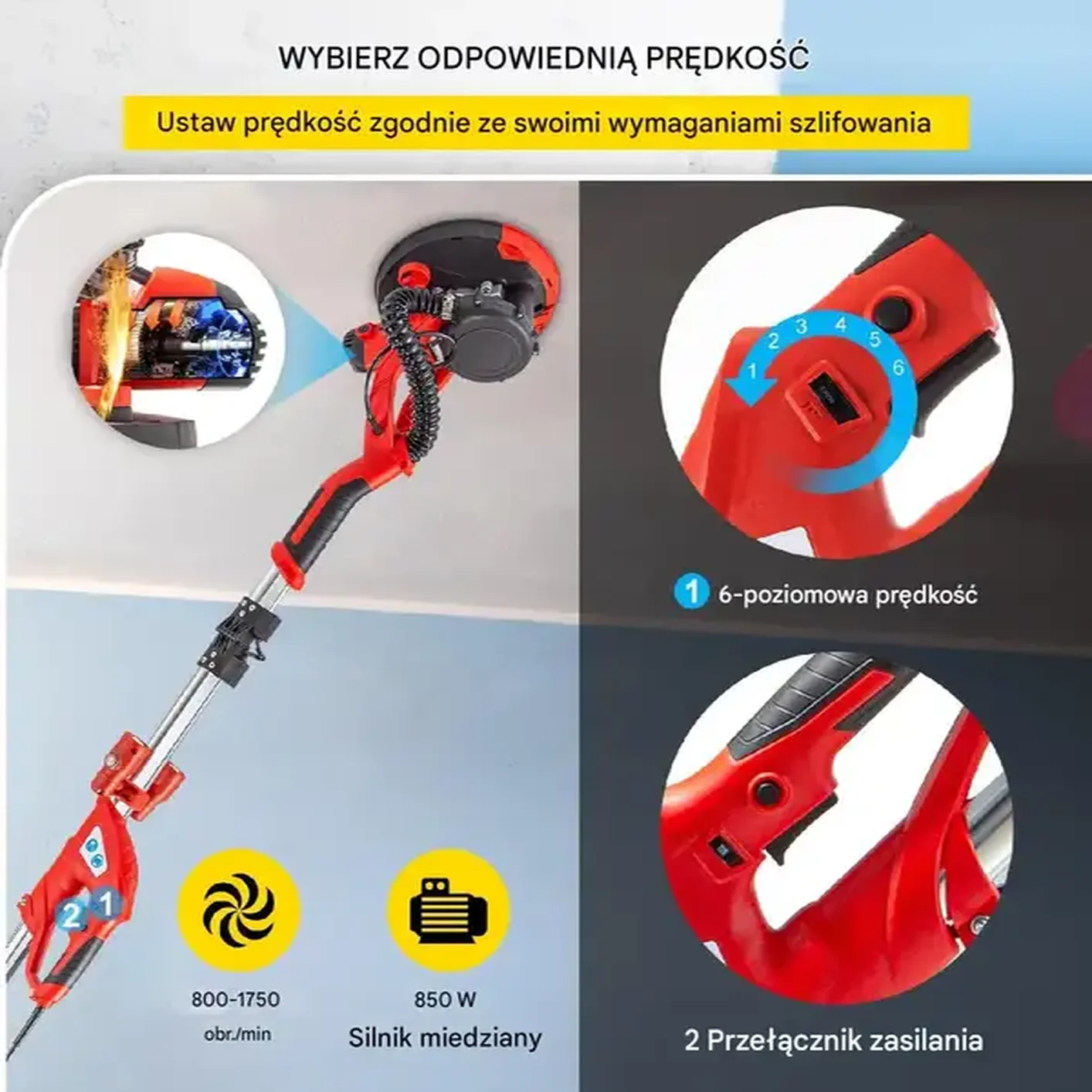 SZLIFIERKA DO GIPSU GŁADZI TYNKU ŻYRAFA 850W 225mm LED + WOREK - obrazek 2