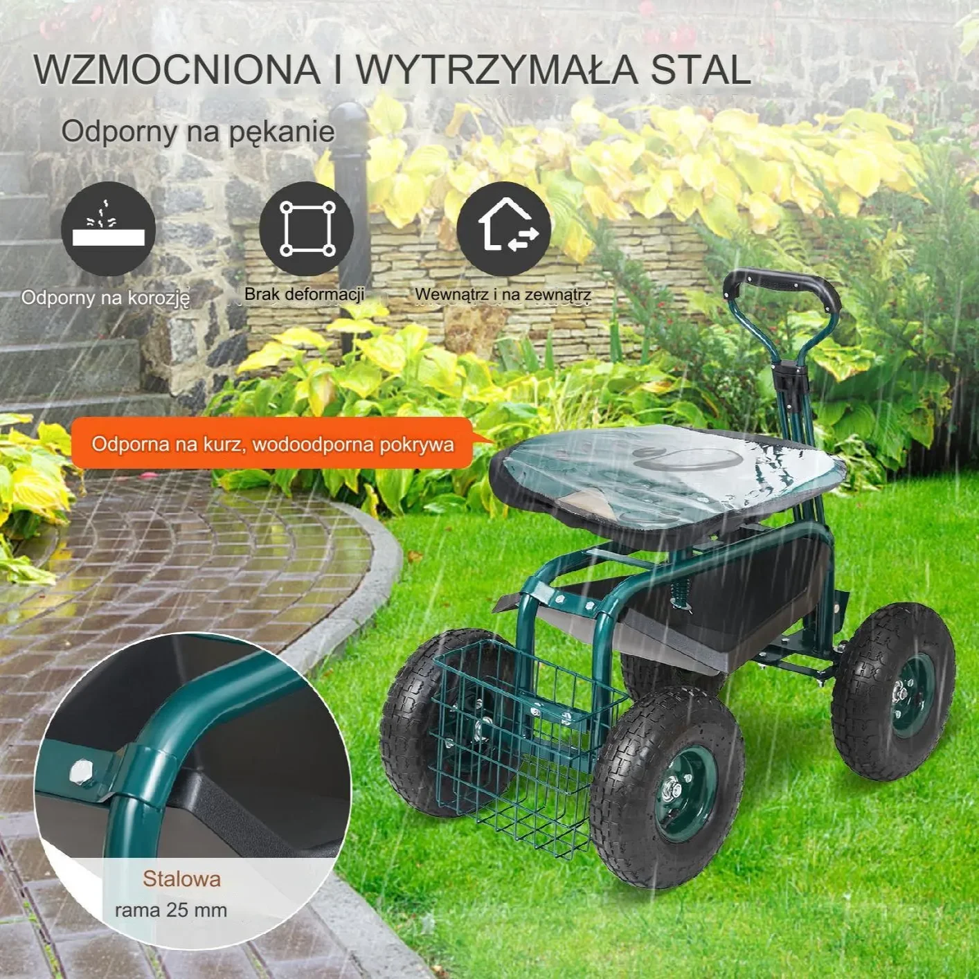 Wózek ogrodowy siedzisko ogrodowe taboret ogrodowy na kółkach zielony - obrazek 3