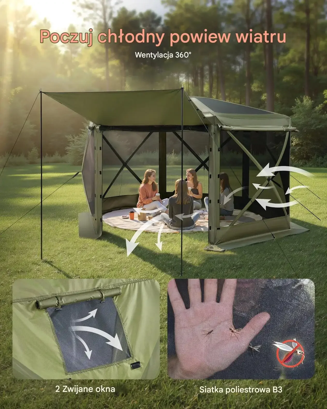 Namiot pawilon zielony 3,6x3,6 m z moskitierą szybki rozkład ogród patio - obrazek 3