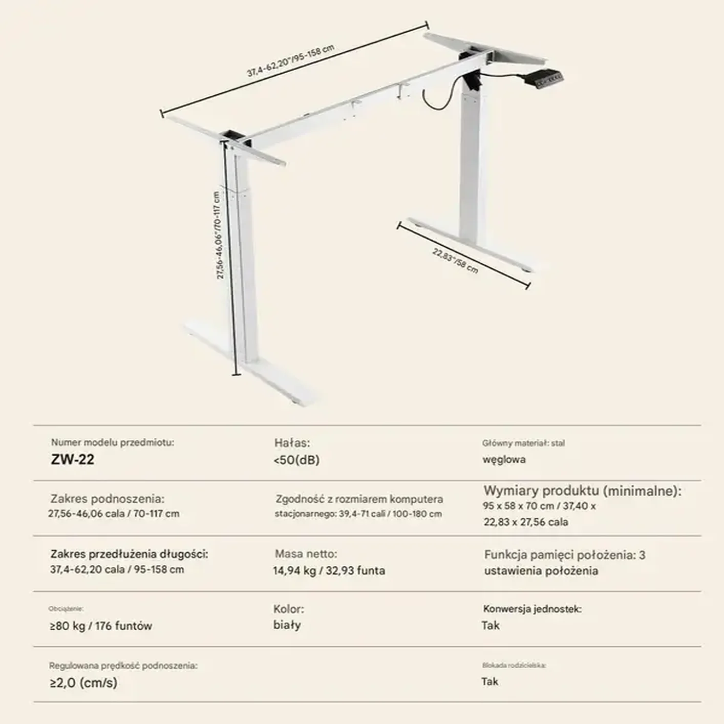 Elektryczny stelaż biurkowy regulowany biały 70-117 cm - obrazek 3