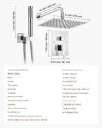 Zestaw prysznicowy deszczowy 25,4 cm  kwadratowy z baterią ścienny chrom