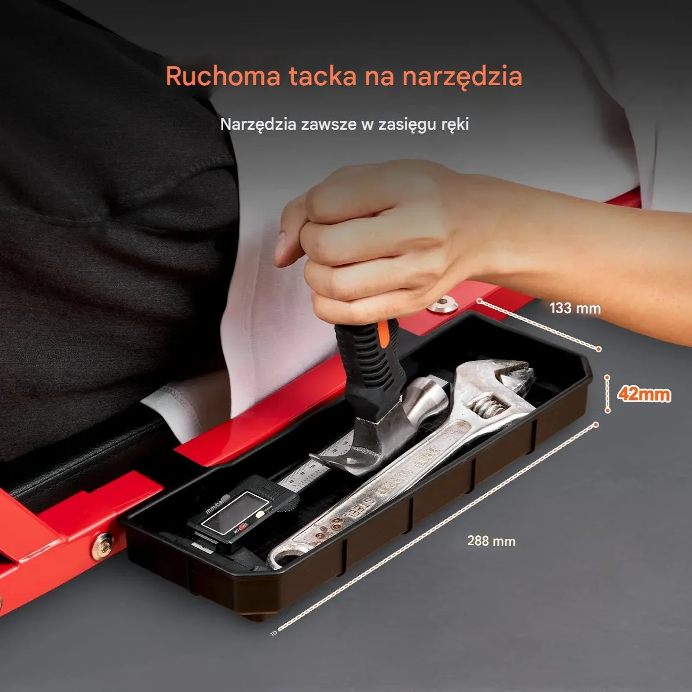 Leżanka warsztatowa 1118mm stalowa regulowany zagłowek tacka na narzędzia - obrazek 6