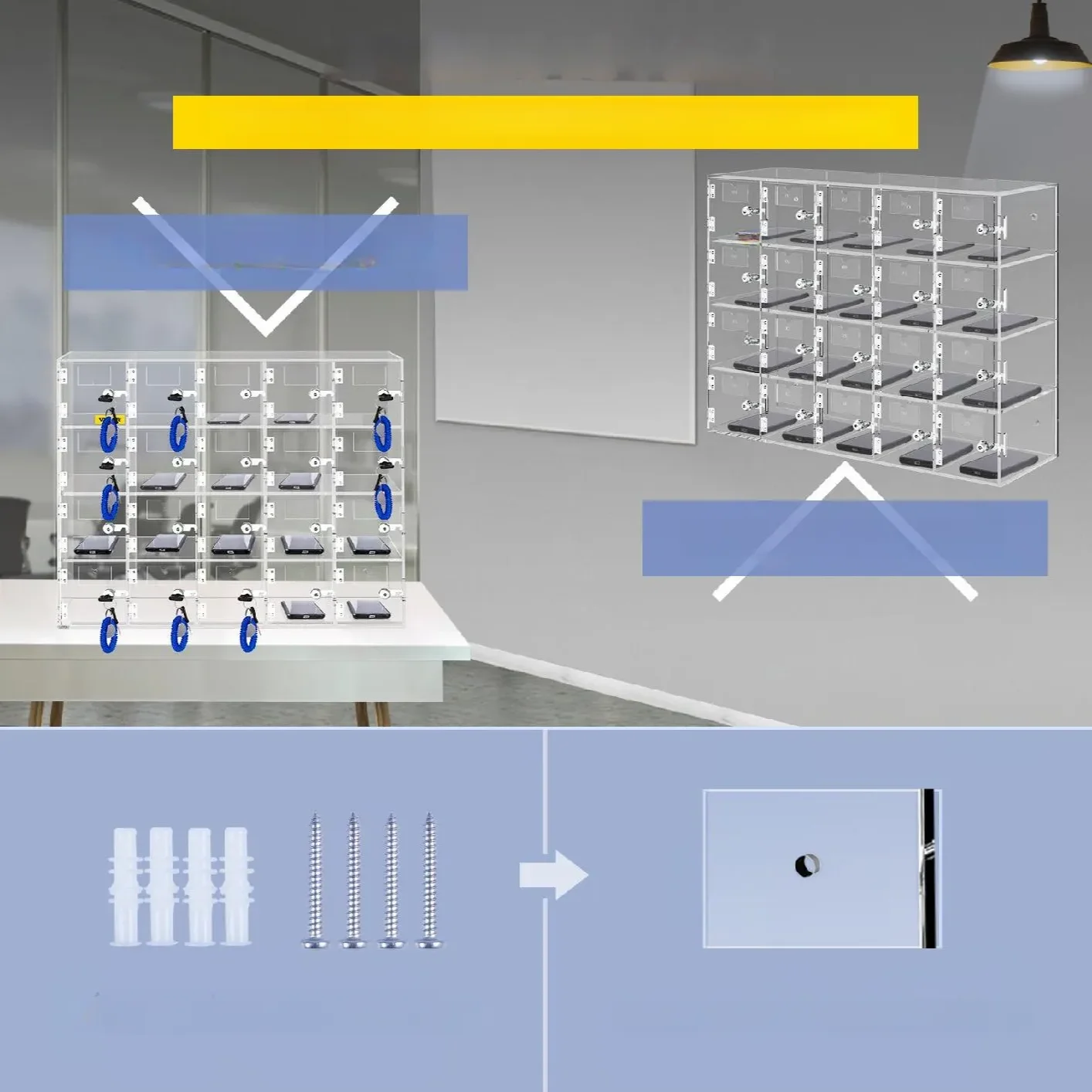 Szafka na telefony 20 przegródek akrylowa z zamkami na klucz ścienna - obrazek 7