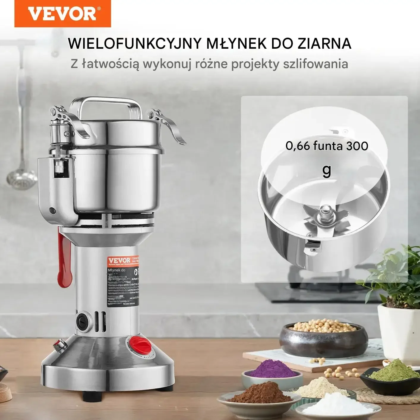 Młynek zbożowy elektryczny 1500W stal nierdzewna przyprawy mąka - obrazek 5