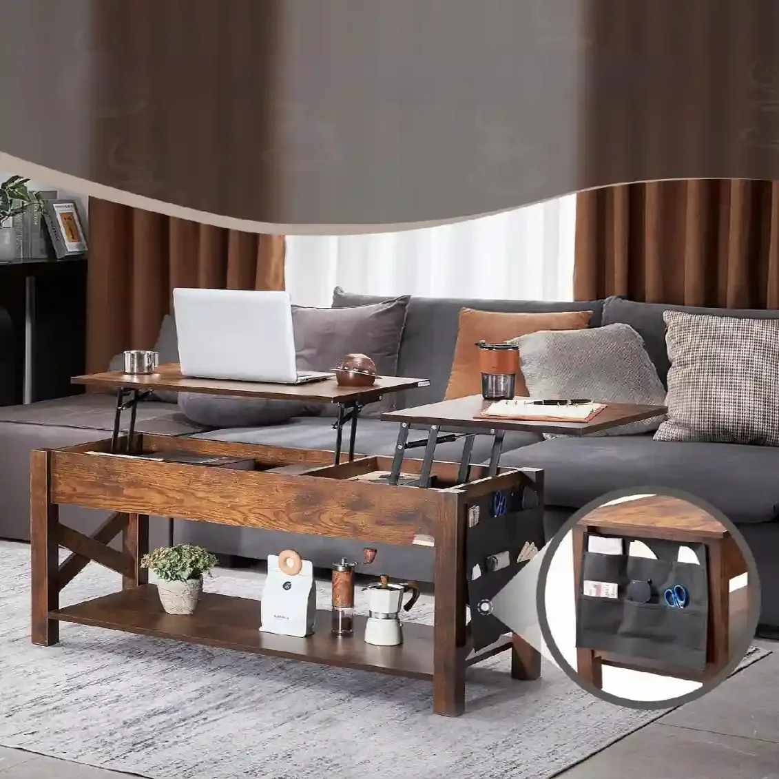 Rozkładana ława stolik kawowy z podnoszonym blatem schowkiem 120 cm - obrazek 4