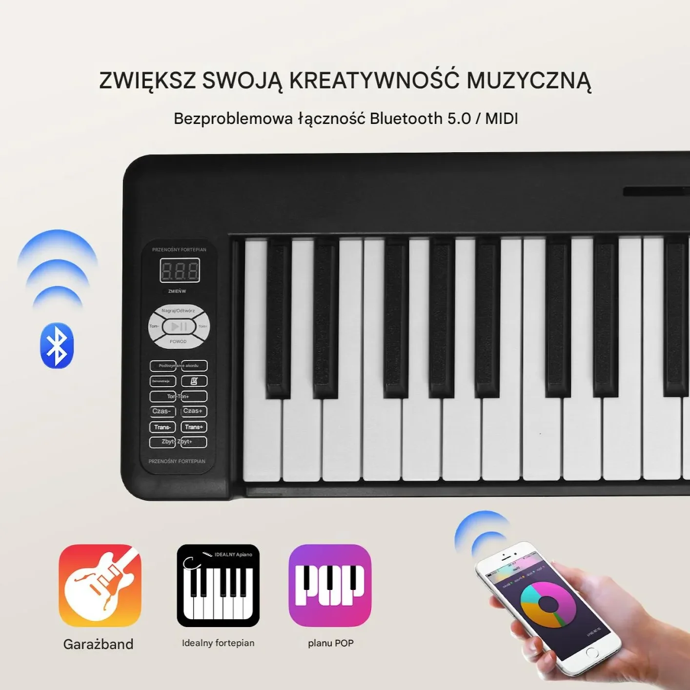 Keyboard Składany 61 Klawiszy MIDI z Bluetooth Podświetleniem Czarny - obrazek 2