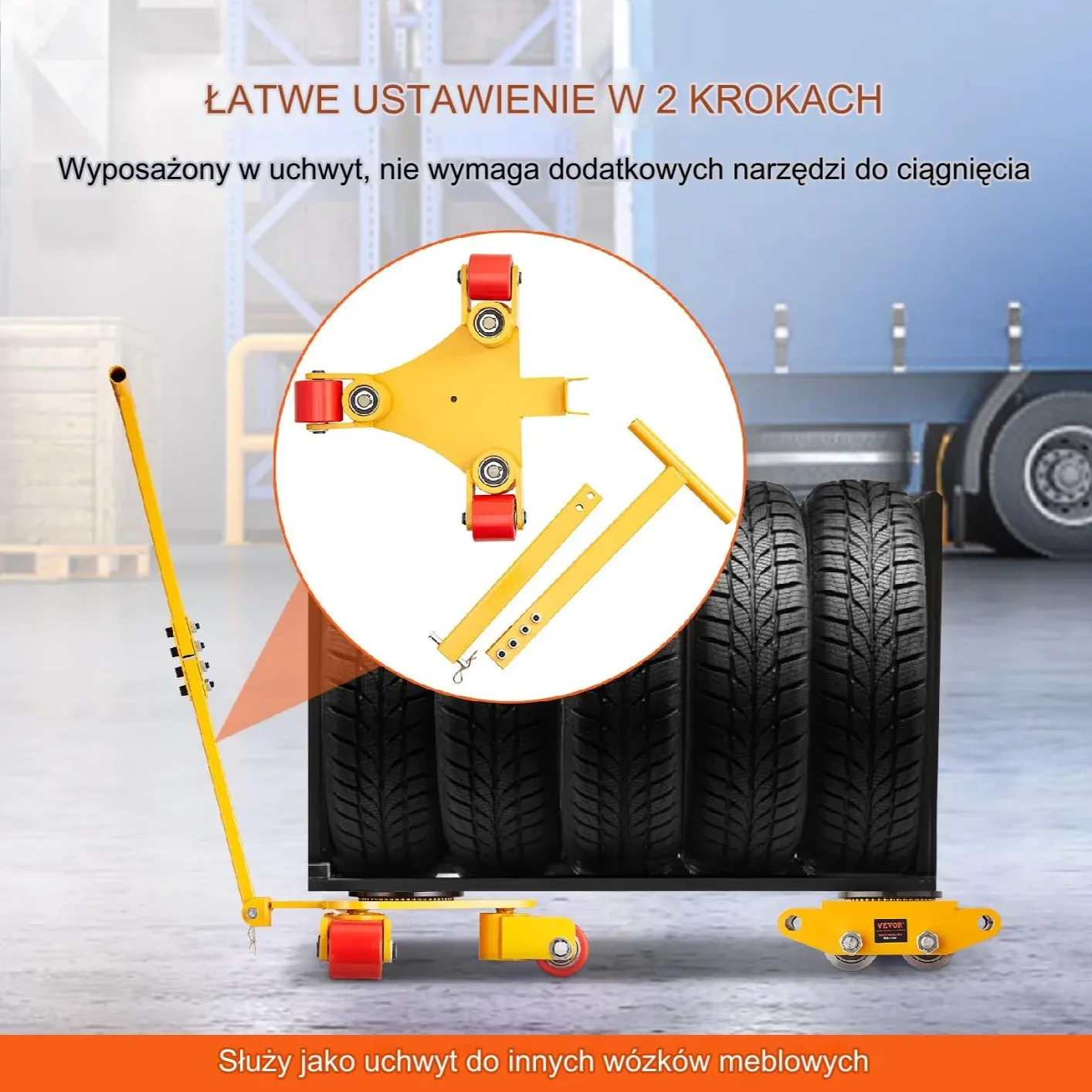 Wózek do maszyn rolka podnośnik 3T 360° – 3 koła PU do warsztatu - obrazek 3