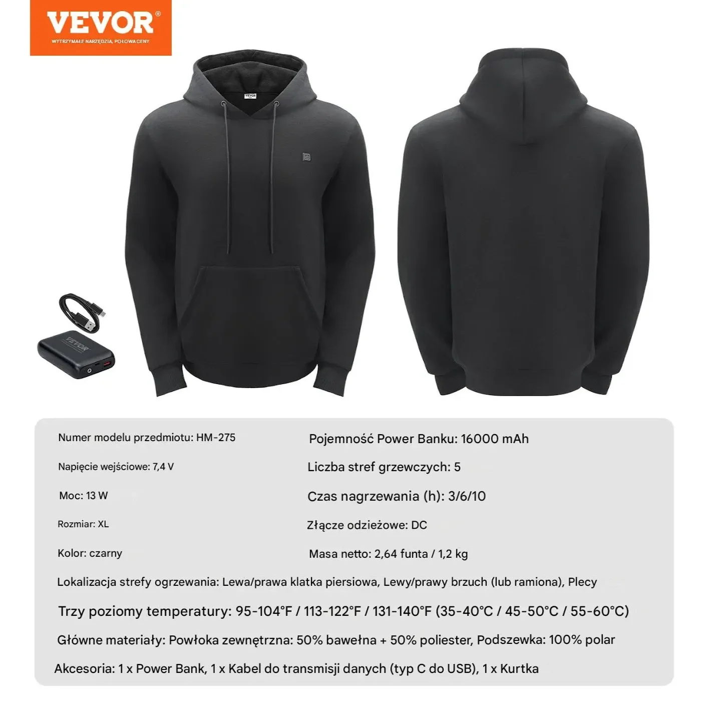 Podgrzewana Bluza z Kapturem Unisex XL - obrazek 2