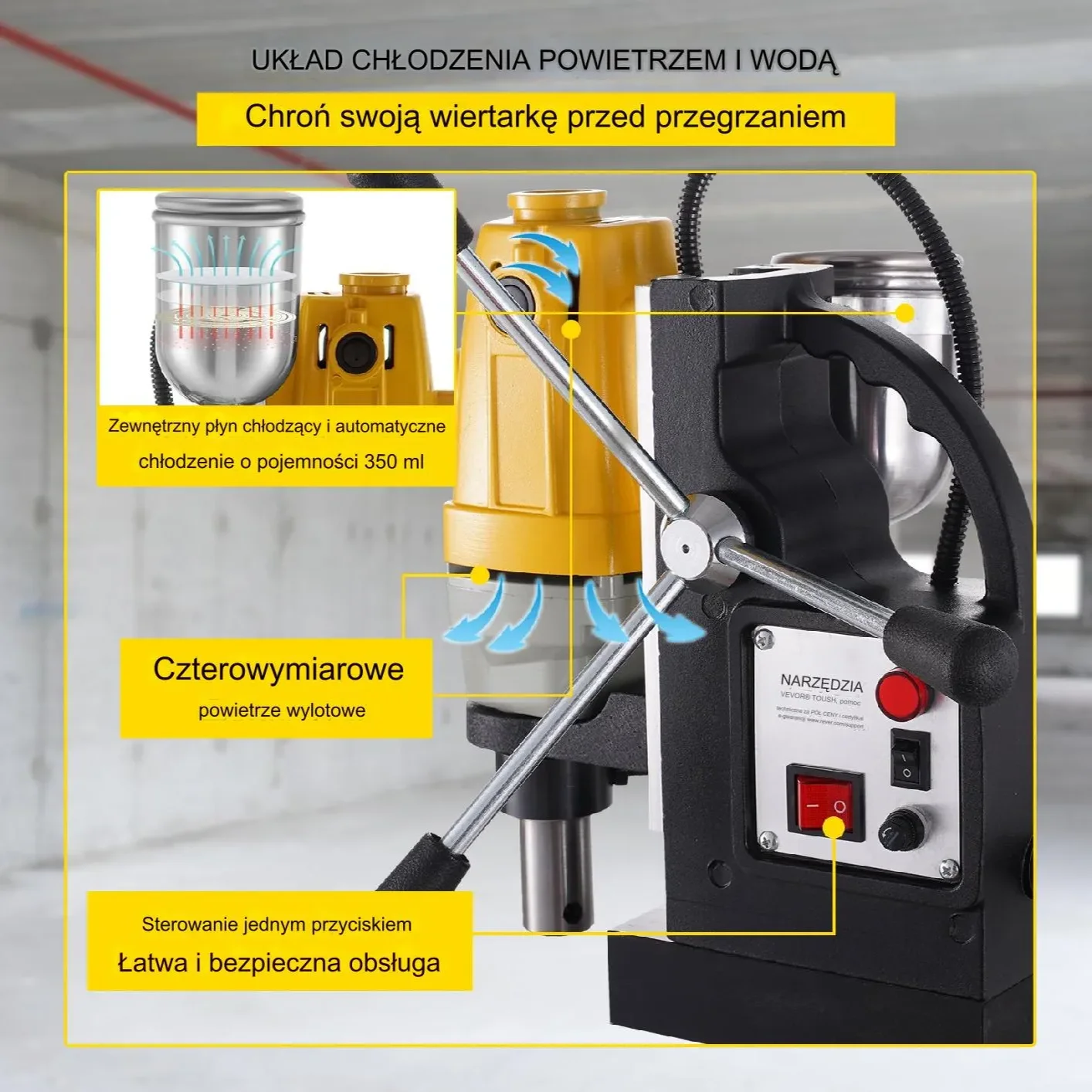 Wiertarka magnetyczna 1100W, 40 mm koronki, 12000 N, 550 RPM, 6 koronek - obrazek 2