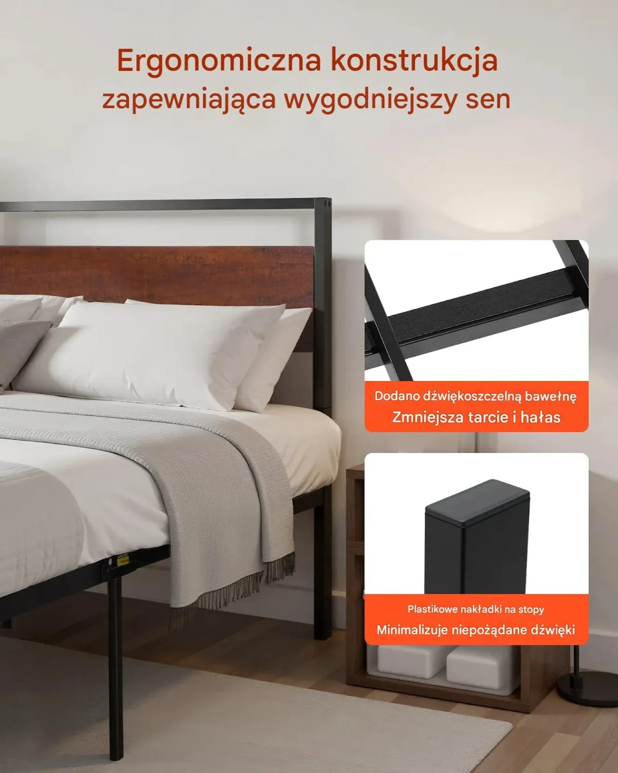 Łóżko metalowe full size 35 cm z drewnianym zagłówkiem i dużym schowkiem - obrazek 3