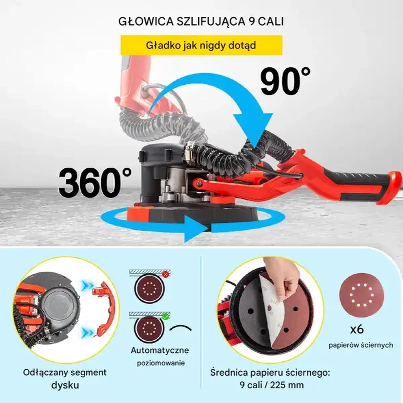 SZLIFIERKA DO GIPSU GŁADZI TYNKU ŻYRAFA 850W 225mm LED + WOREK - obrazek 3