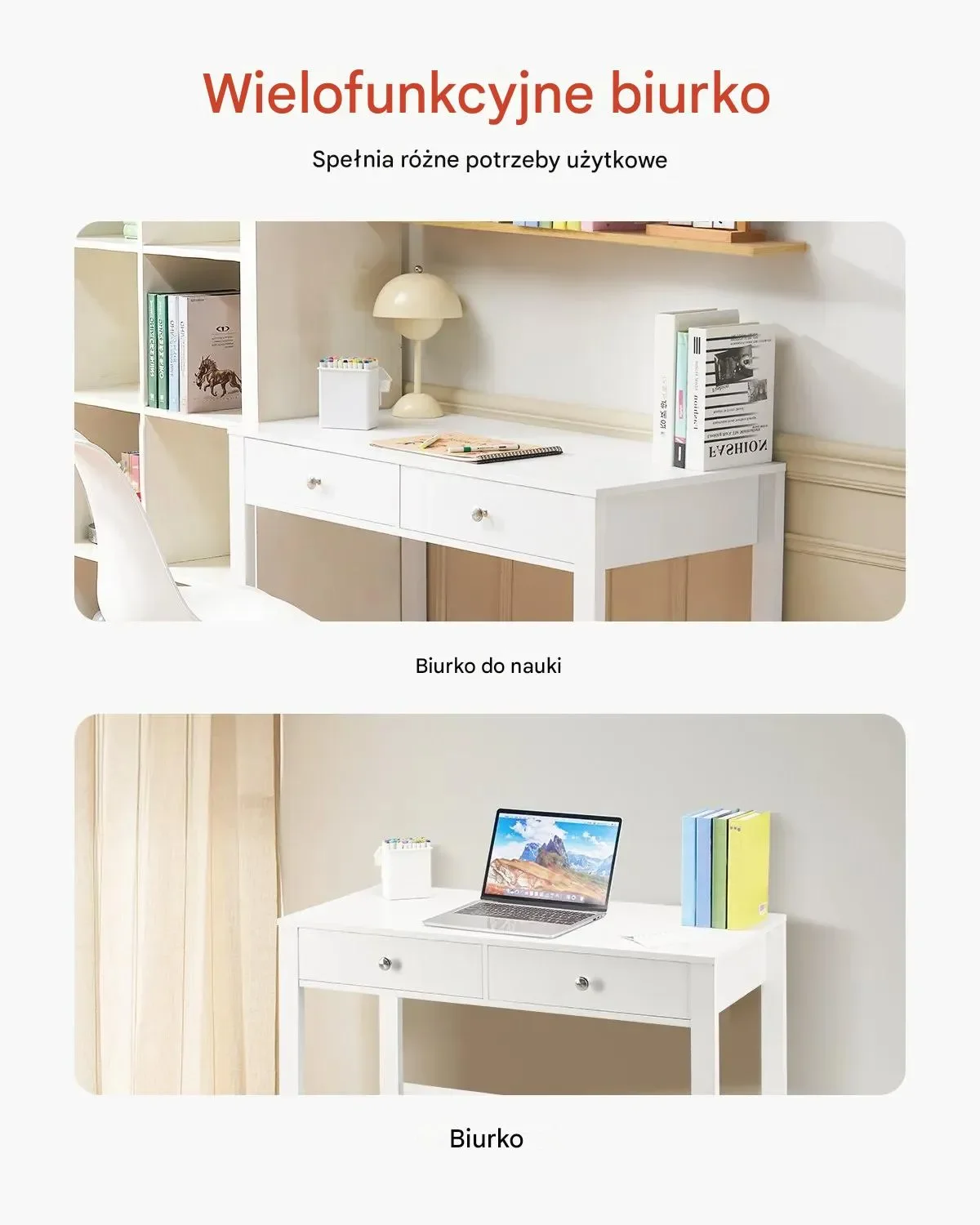 Biurko dziecięce z szufladami 90x50 cm proste do pokoju białe - obrazek 3