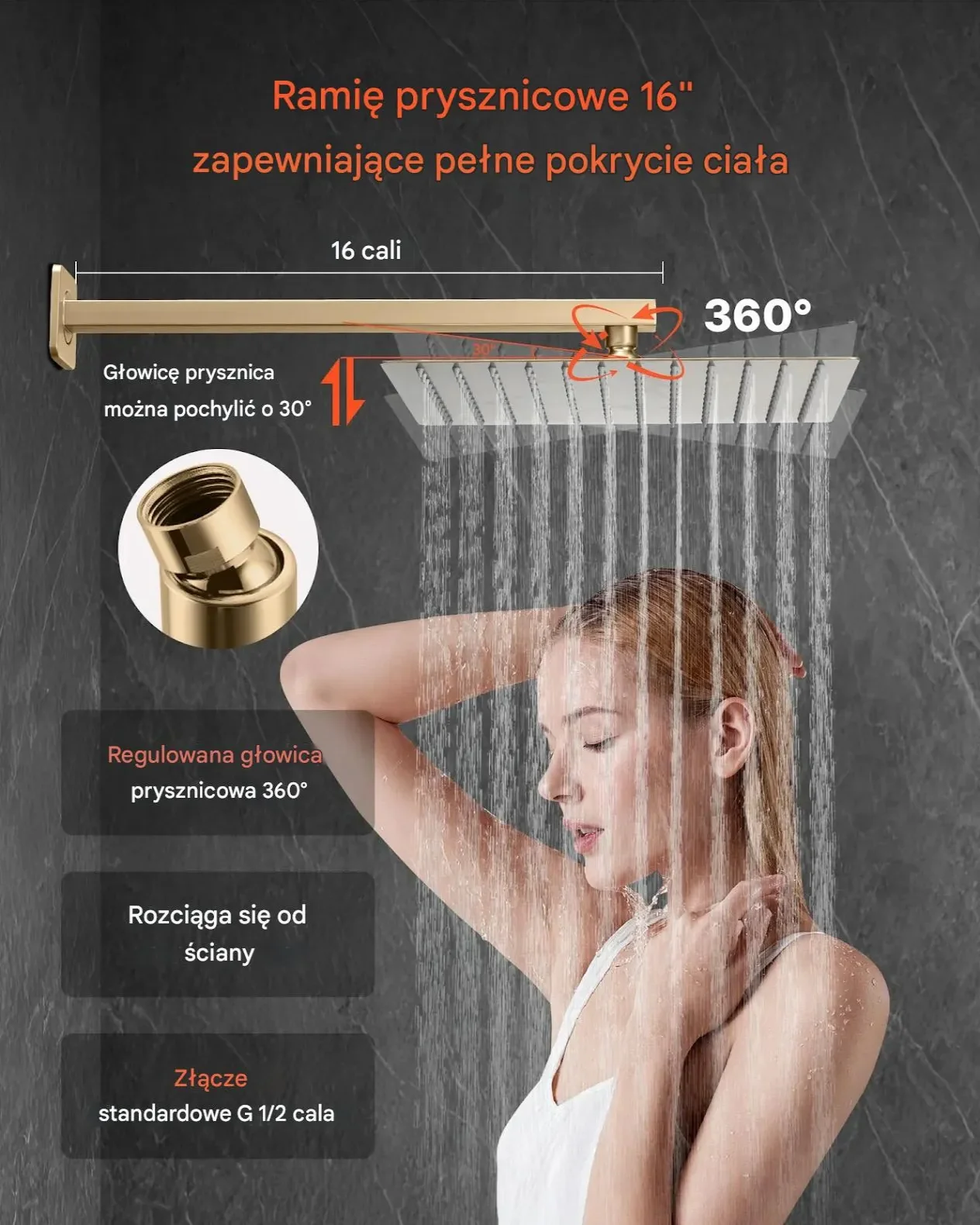 Zestaw prysznicowy deszczownica 25 cm złoty montaż ścienny prostokątny - obrazek 4