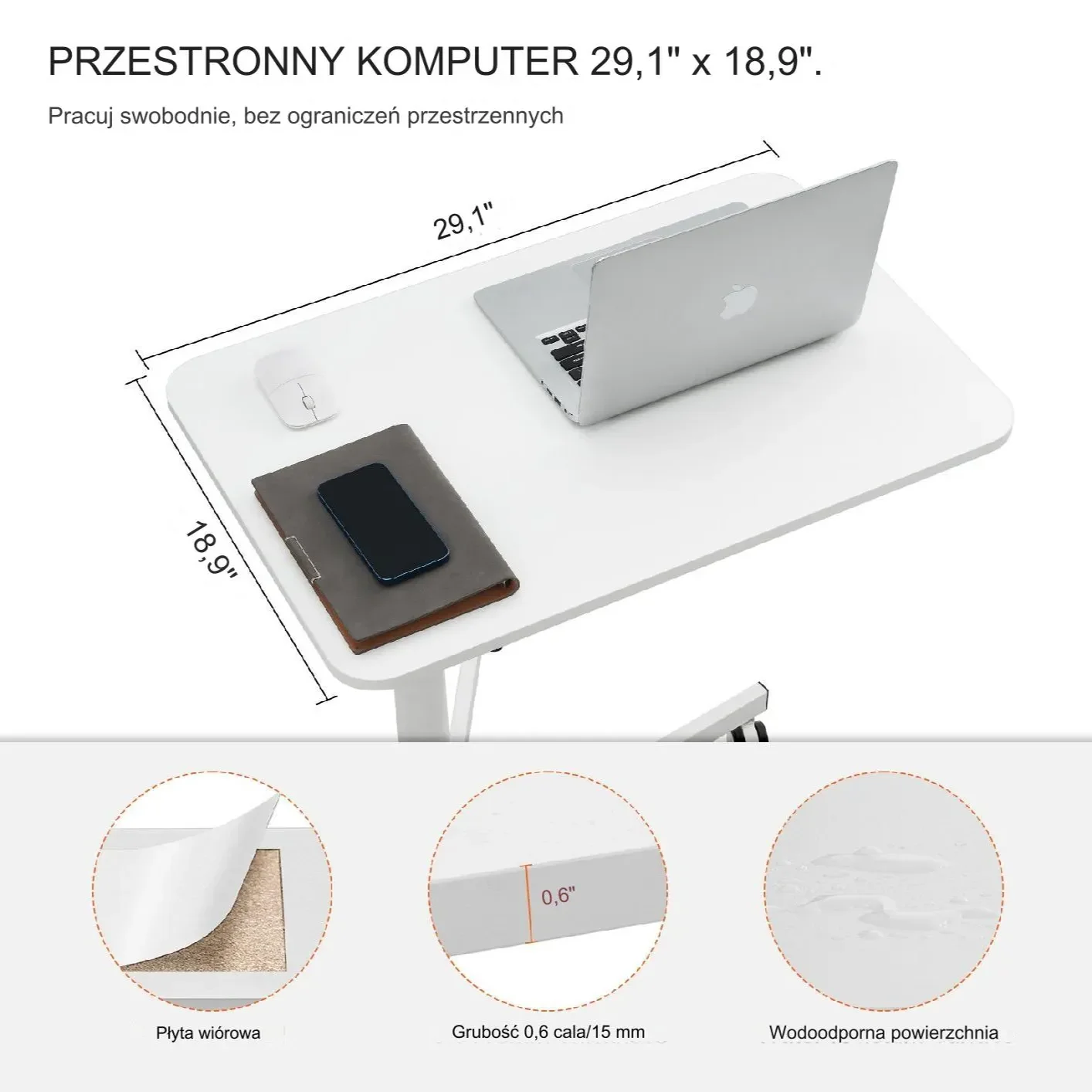 Biurko mobilne regulowane składane stolik pod laptopa kółka 74x48 cm - obrazek 4