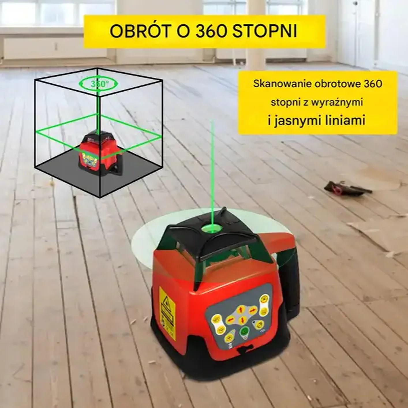 Poziomica laserowa obrotowa zielona 500m 360° z statywem i tyczką 5m - obrazek 6