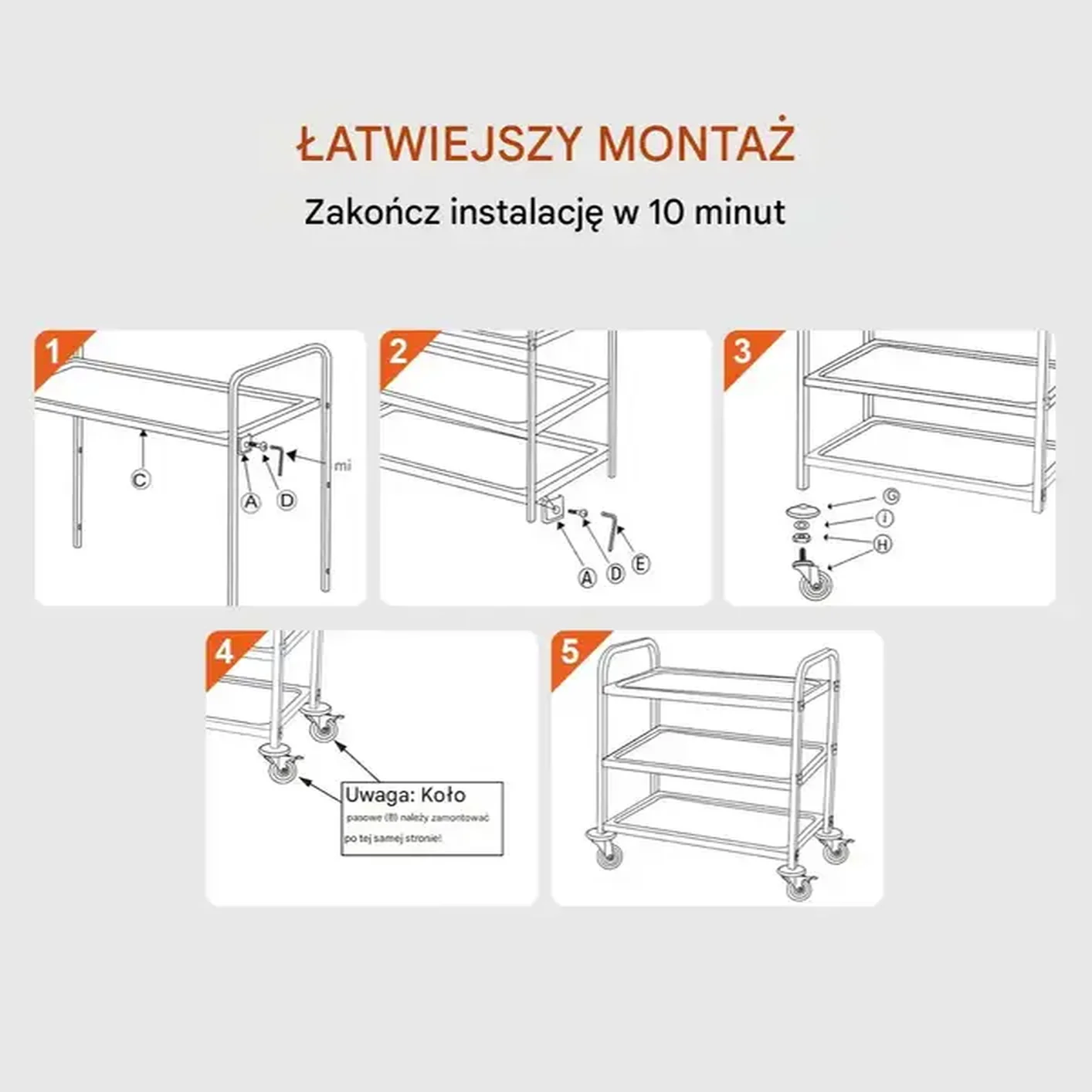 Wózek kuchenny 3-poziomowy stalowy 450kg na kółkach z koszami i haczykami - obrazek 3