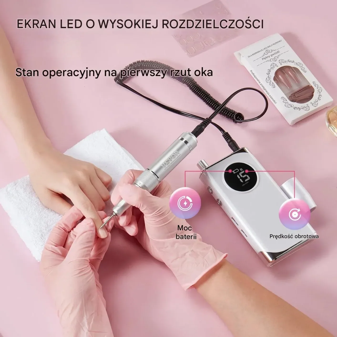 Frezarka do paznokci 40000RPM bezprzewodowa LCD – manicure/pedicure - obrazek 5