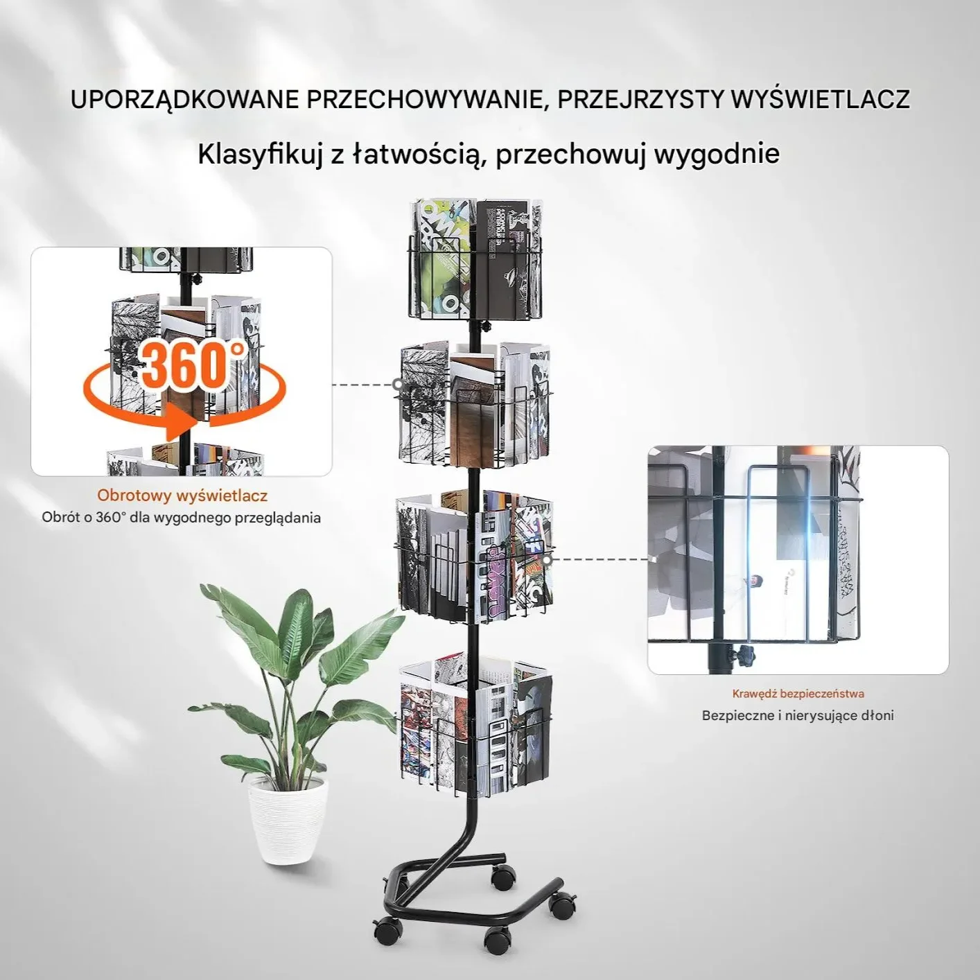 Stojak obrotowy na ulotki pocztówki 4 poziomy 32 kieszenie z kółkami - obrazek 2