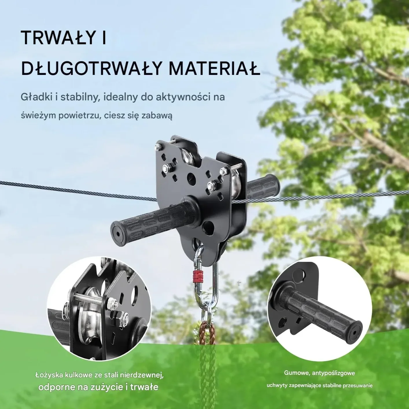 Tyrolka ogrodowa 24 m 227 kg zestaw uprząż hamulec sprężynowym siedziskiem - obrazek 5