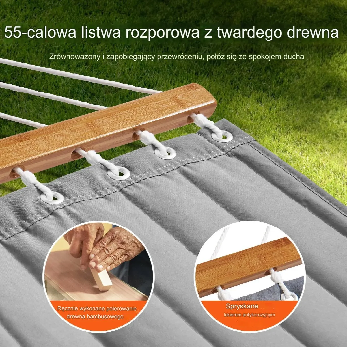 Hamak ogrodowy ze stelażem i drążkiem duży mocny dwuosobowy szary - obrazek 2
