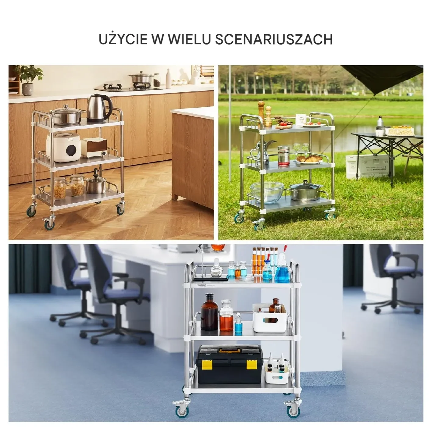 Wózek laboratoryjny 3 półki stal nierdzewna na kółkach 70x39,5x86,7 cm - obrazek 5