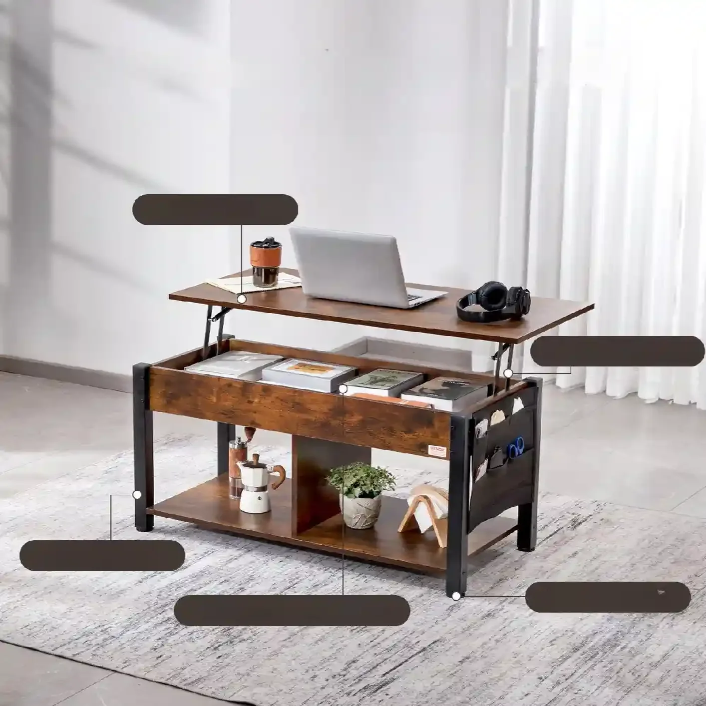 Rozkładana ława stolik kawowy z podnoszonym blatem schowkiem 106 cm - obrazek 6